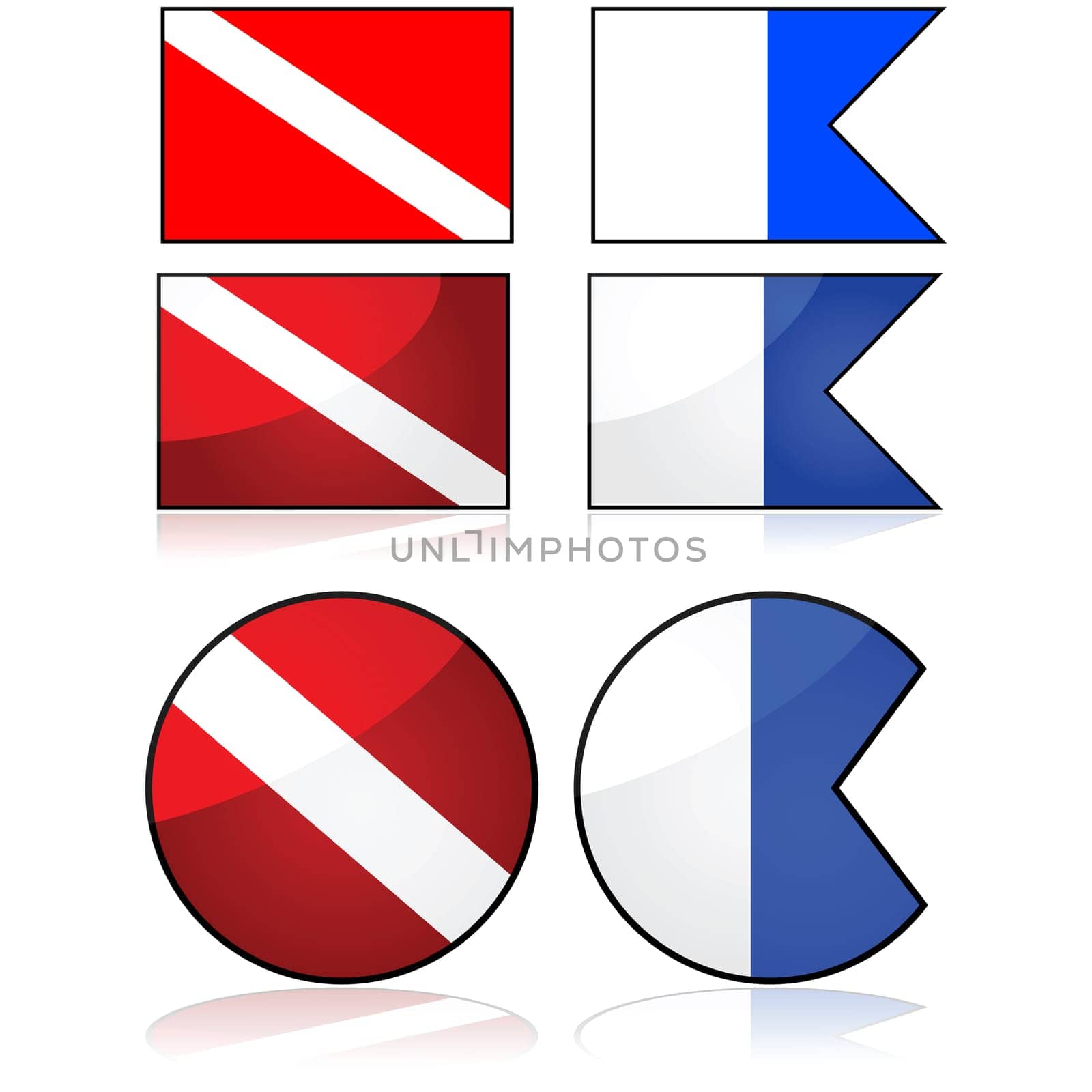 Set of two different flags normally used to alert about diver being down in the water nearby