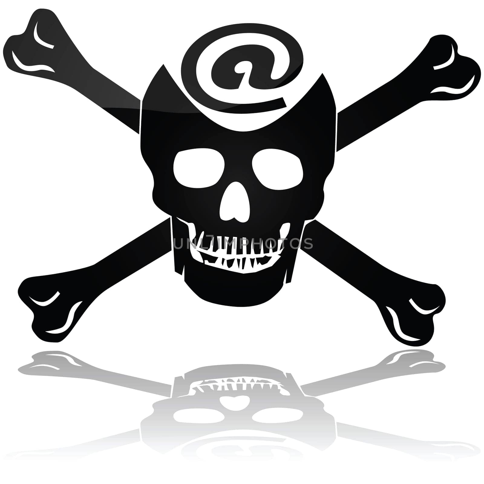 Concept illustration showing a pirate skull and bones sign with an @ symbol to represent Web piracy