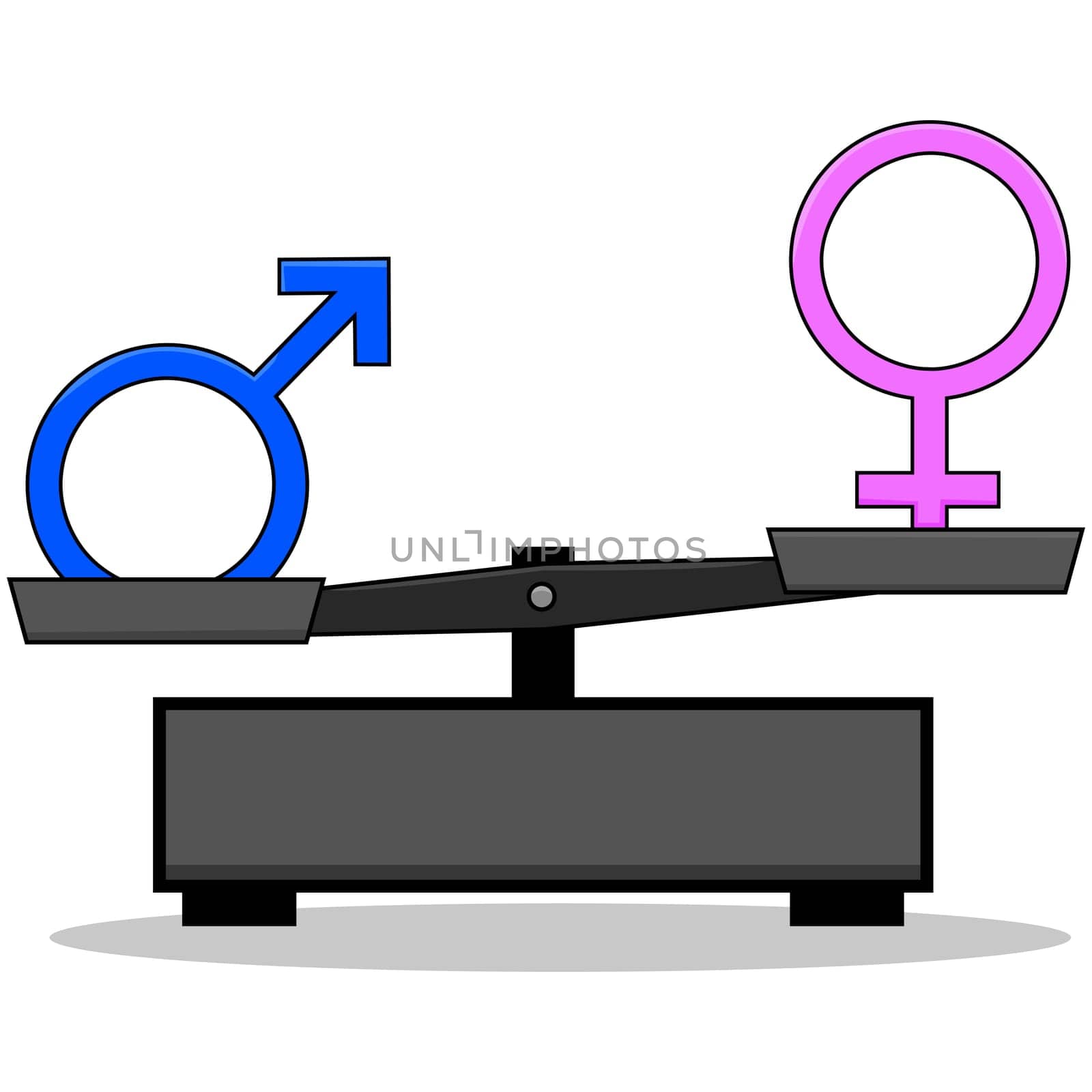 Concept illustration showing an old-style scale unbalanced with the male and female signs on opposite ends