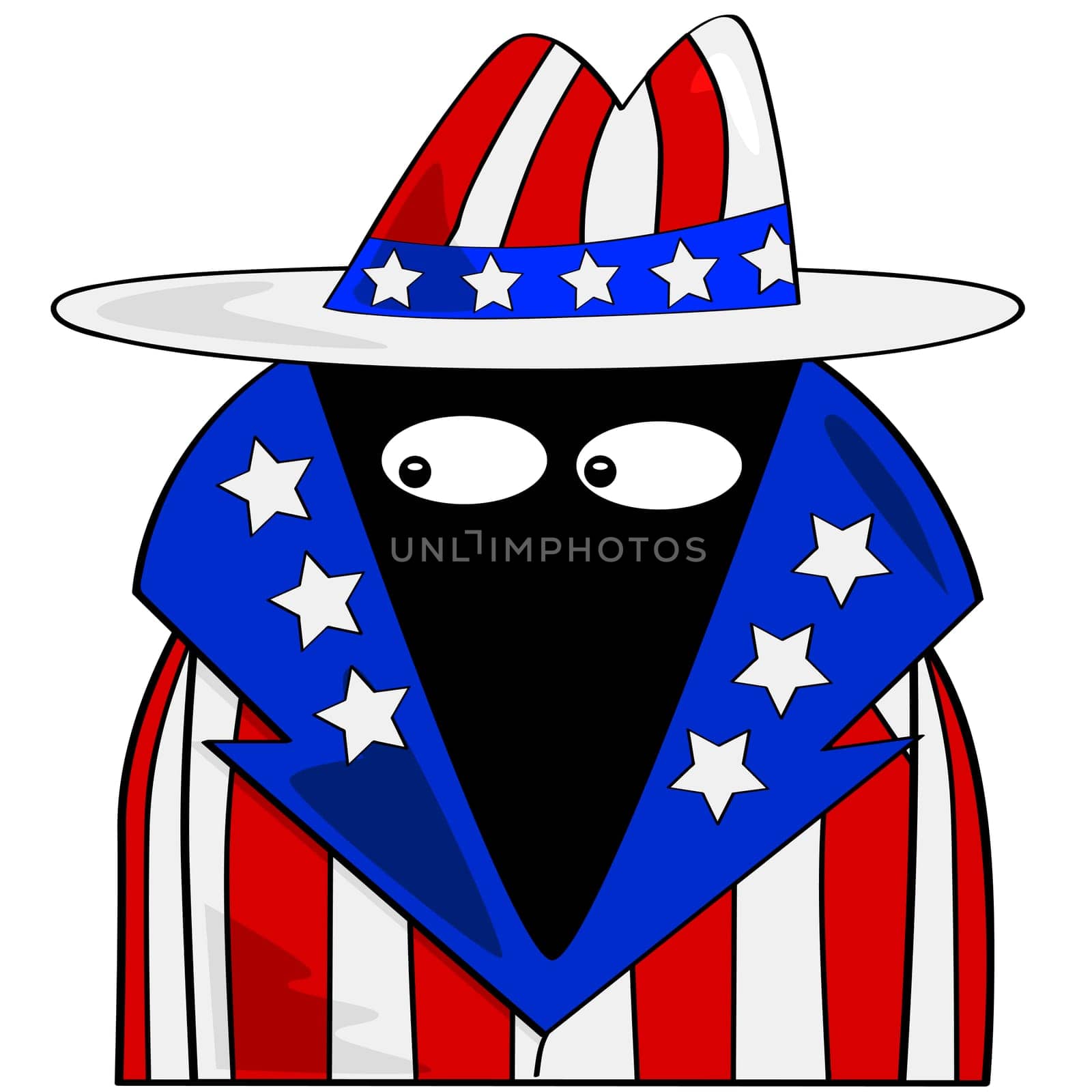 Cartoon illustration showing a spy dressed in clothes with the colors of the United States flag