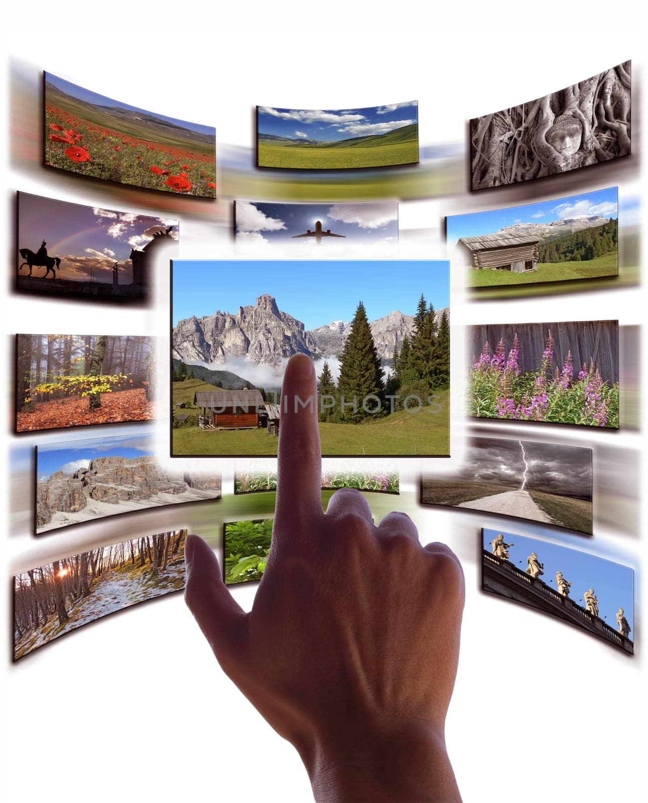 hand and pictures collage on touchscreen