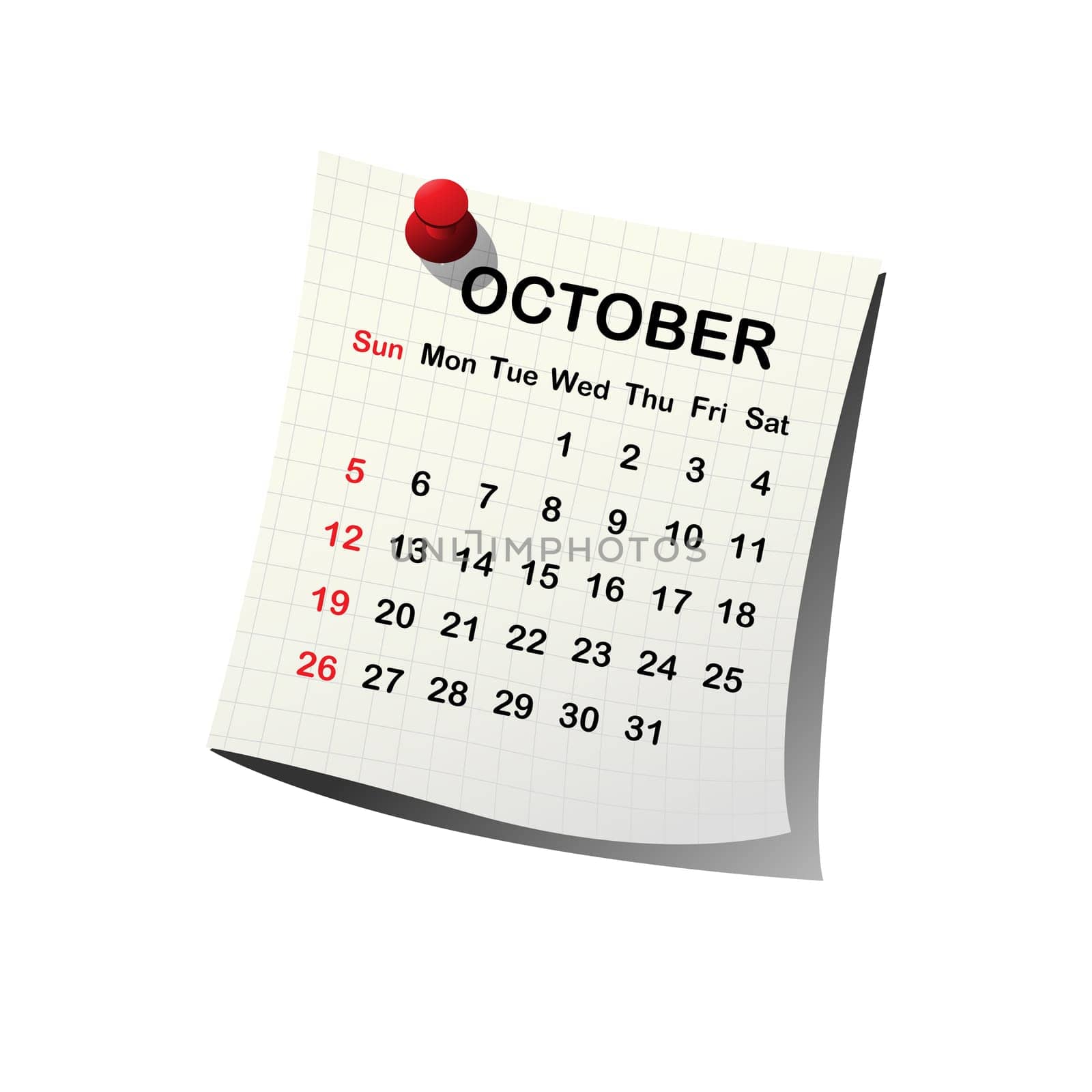 2014 paper calendar for October over white background
