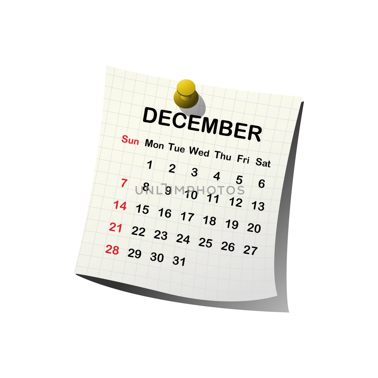 2014 paper calendar for December over white background