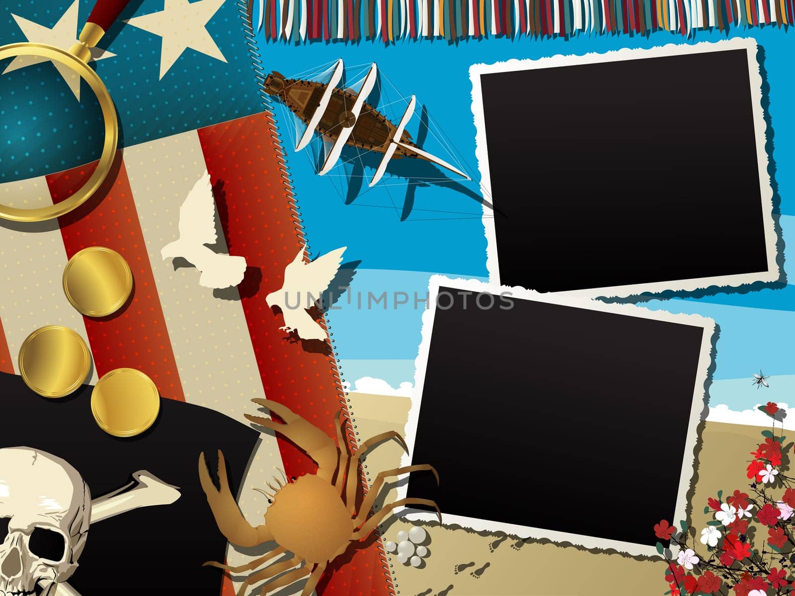 Pirate theme abstract collage with empty photo frames