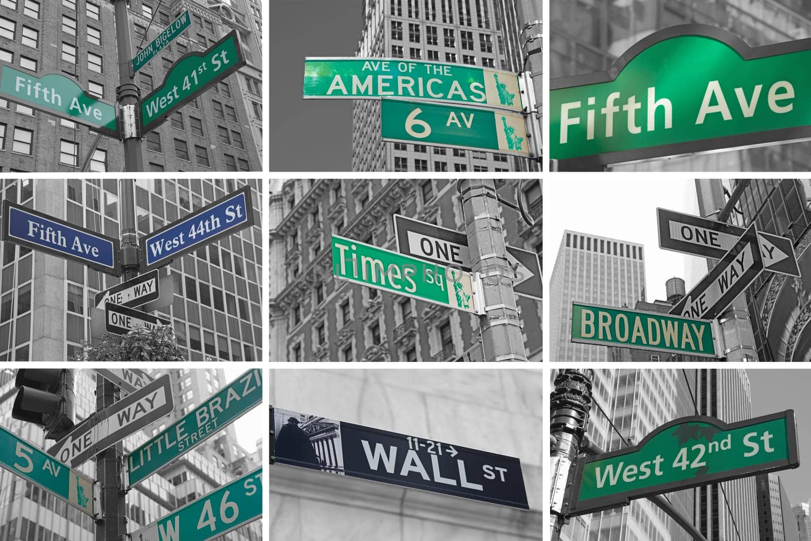 Collage of Streets signs of New York City. USA.  Color Splash Efect Picture.