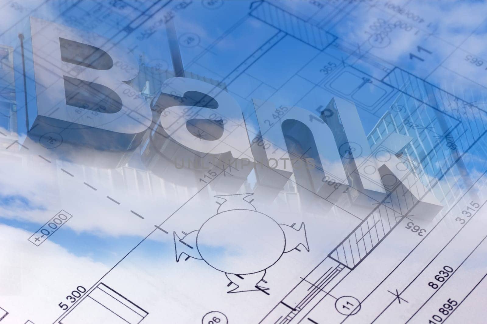 Sky with clouds and the floor plan of a house blueprint with bank sign