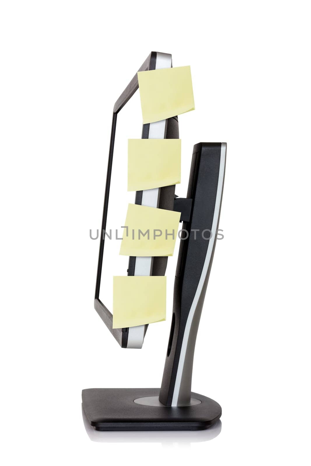Computer monitor with reminder notes, isolated on white background