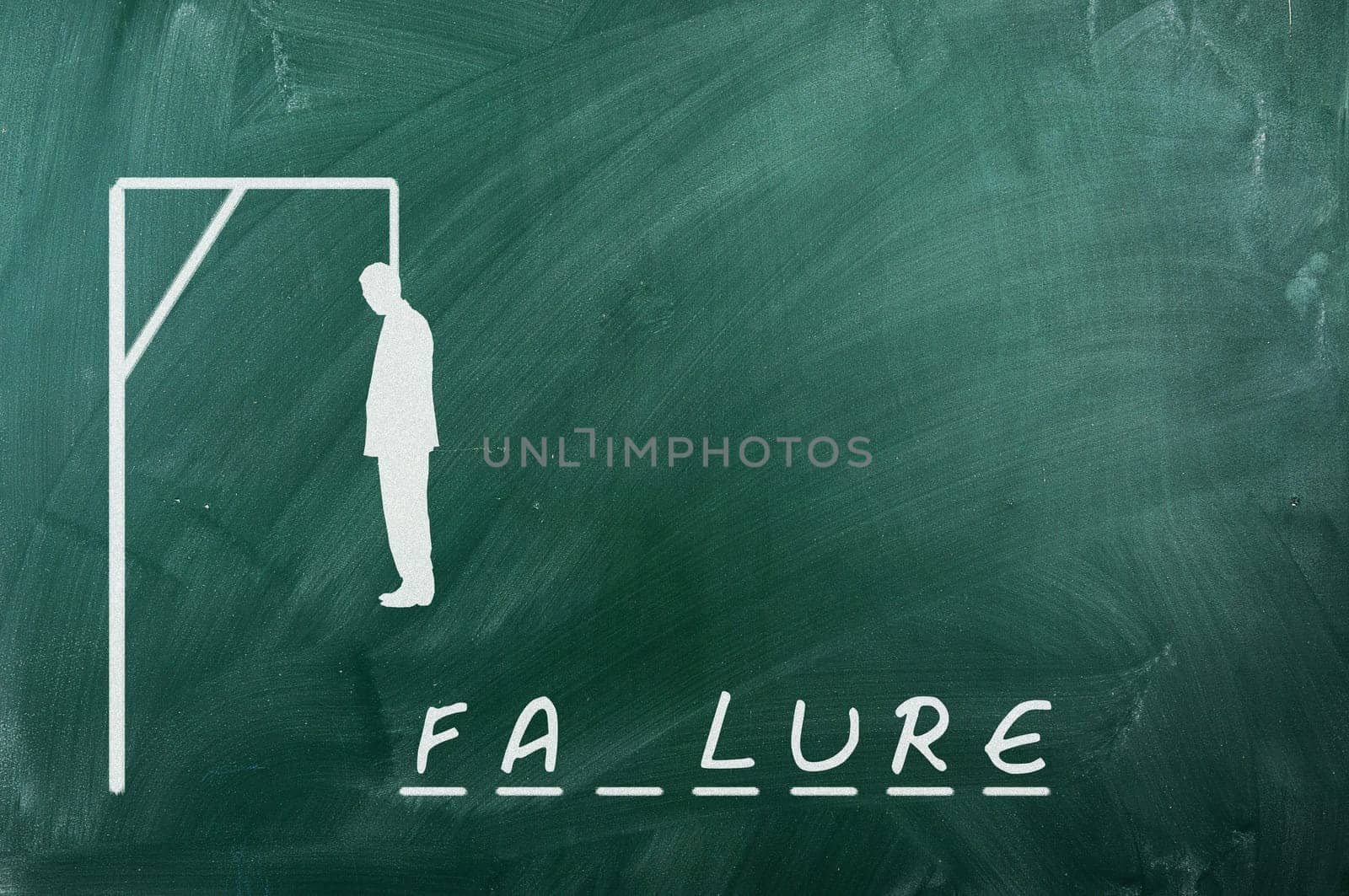 Hangman game on green chalkboard ,concept of failure