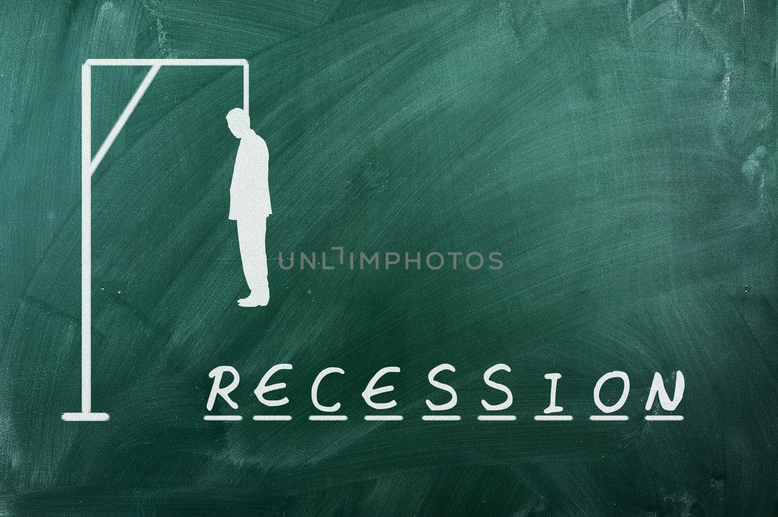 Hangman game on green chalkboard ,concept of reccesion