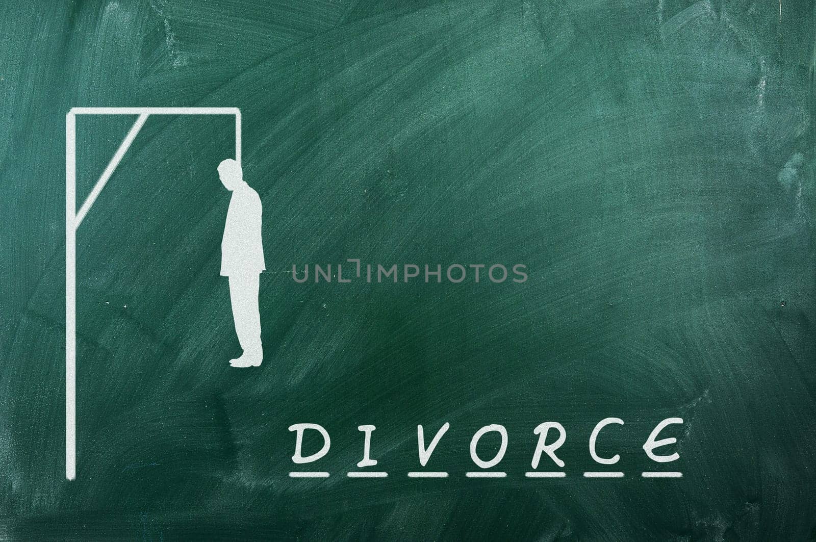 Hangman game on green chalkboard ,concept of divorce