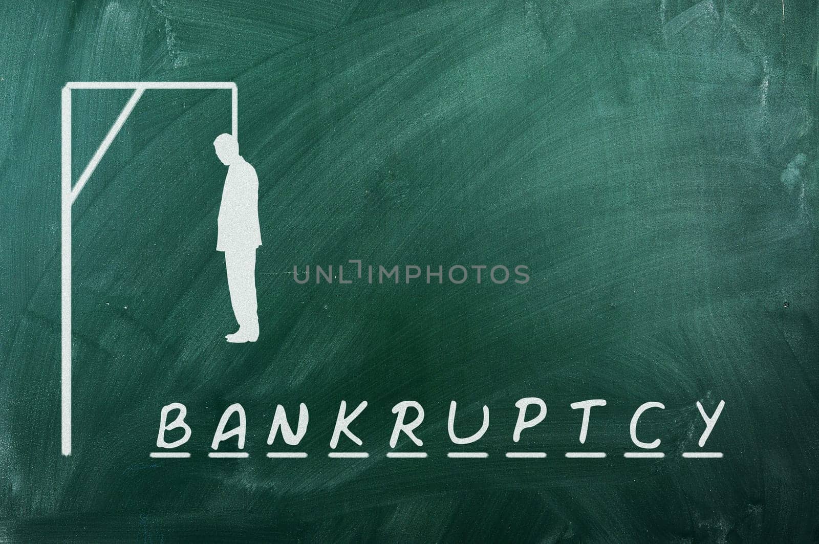 Hangman game on green chalkboard ,concept of bankruptcy
