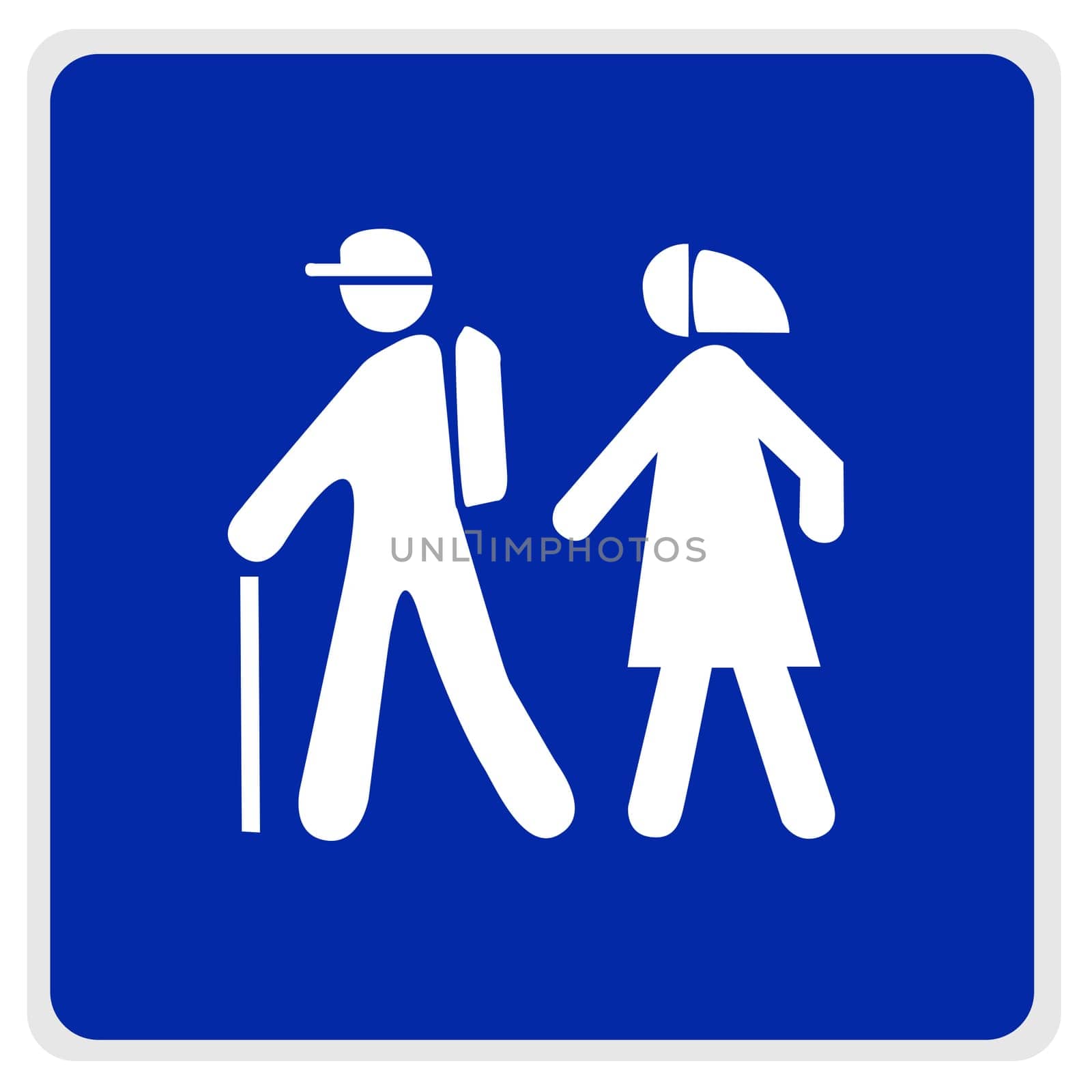 road sign - hikers, white on blue