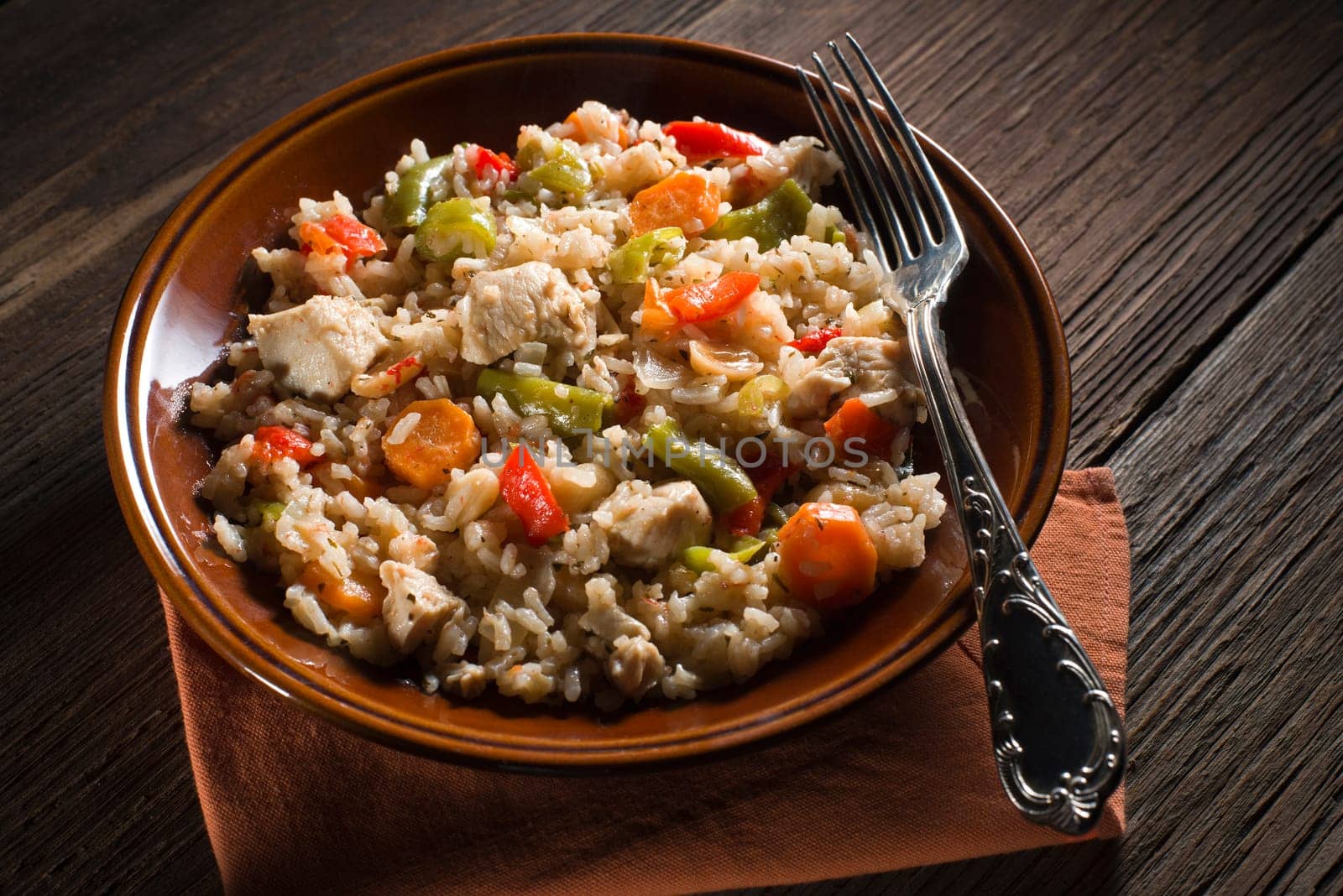 Chicken risotto with vegetables close up shoot