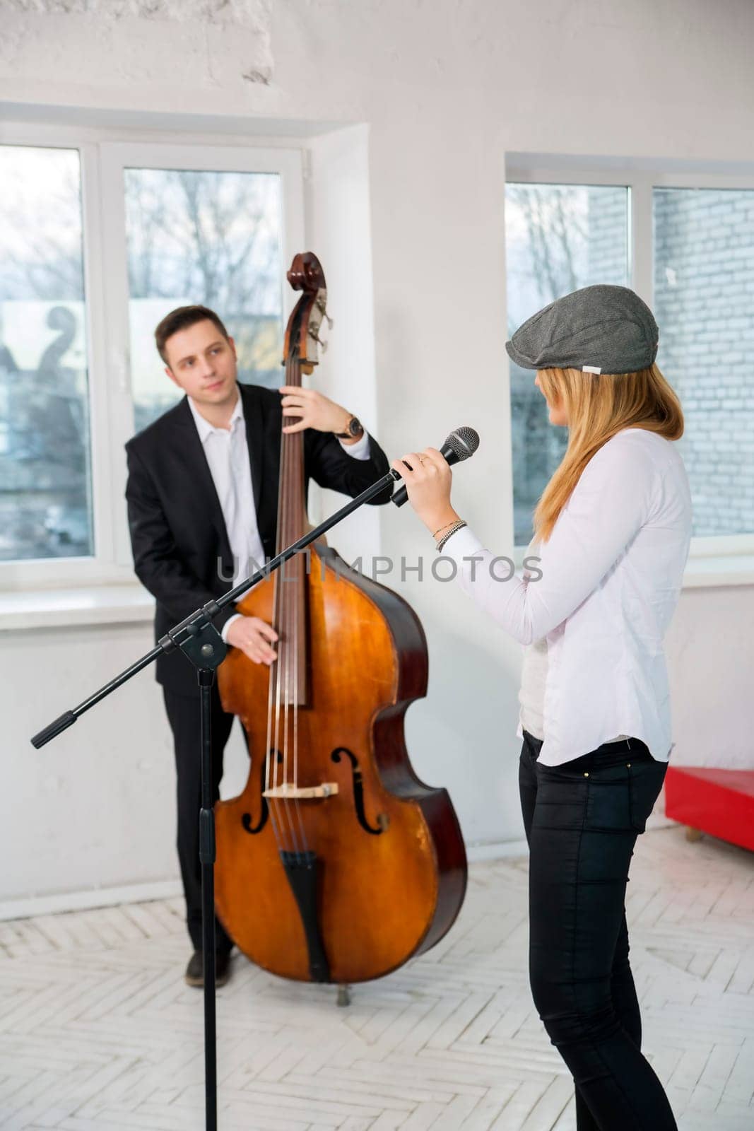 Musicians look at each other while warming up