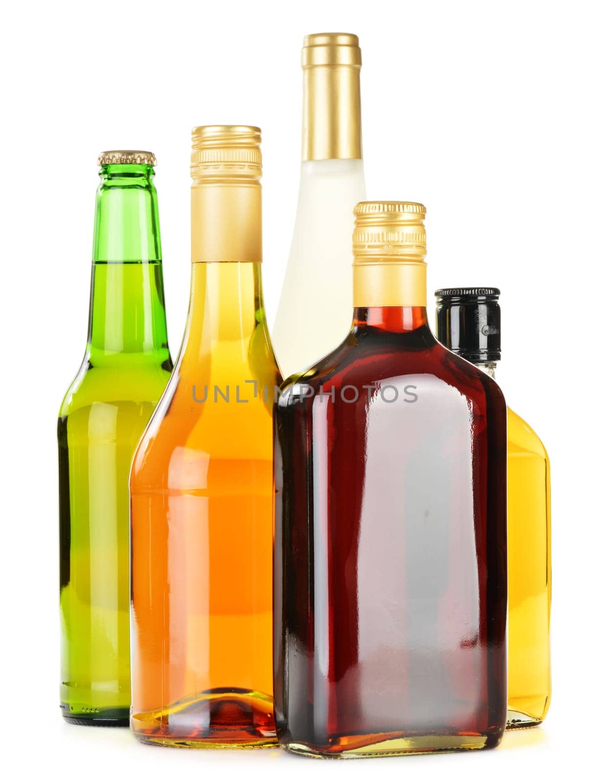 Bottles of assorted alcoholic beverages isolated on white background