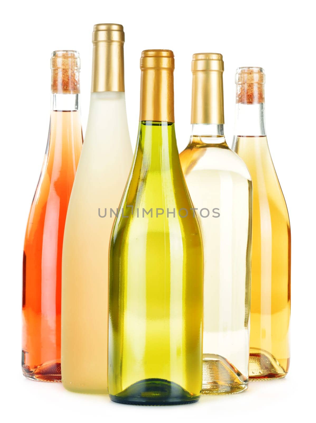 Composition with variety of wine bottles isolated on white