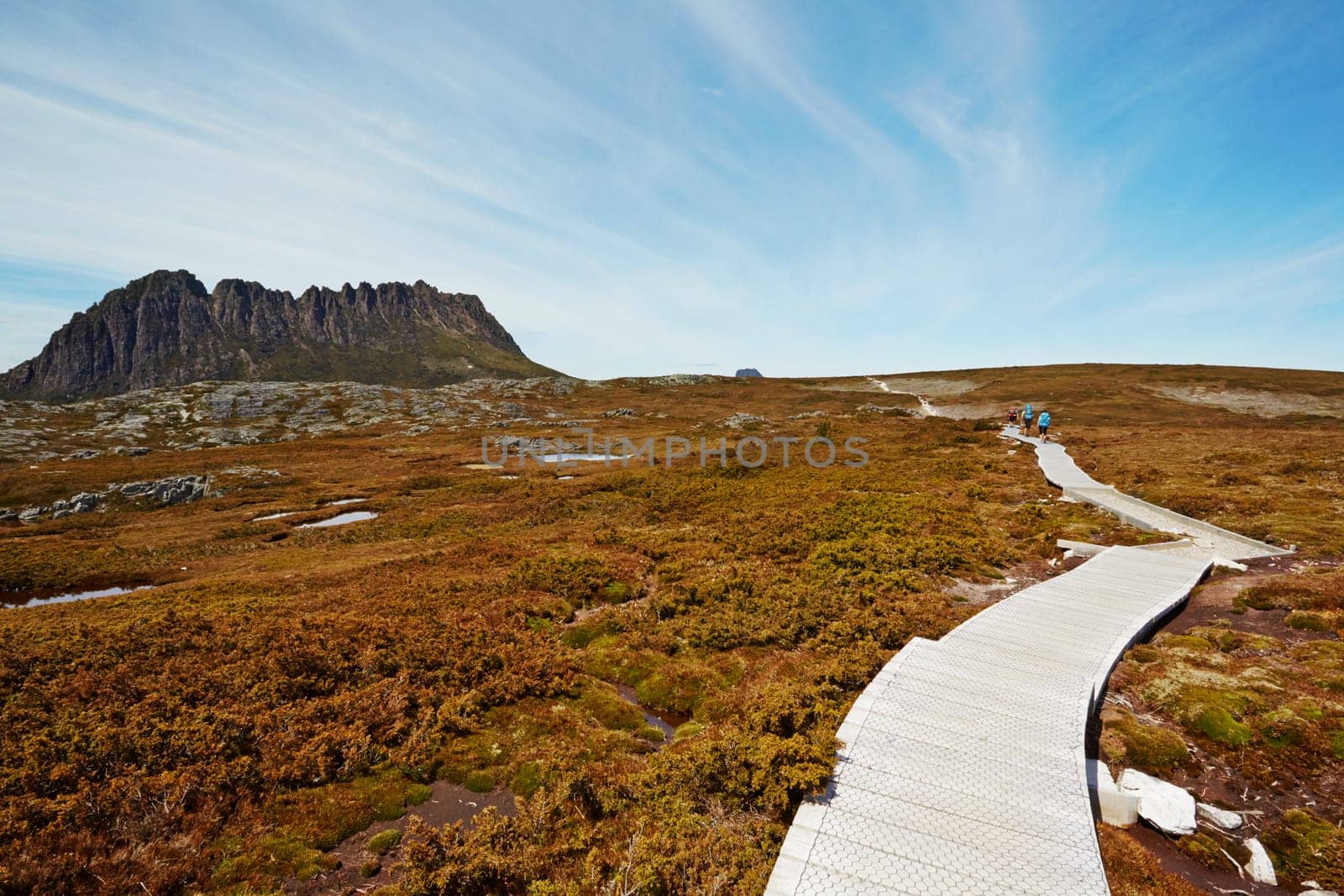 Hikers on the boardwalk. Cradle Mountain National Park, Tasmania