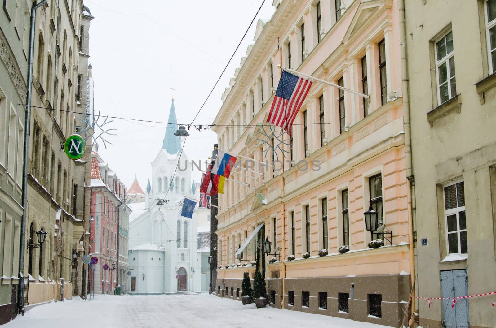 Street of Old Riga in snow day before Christmas