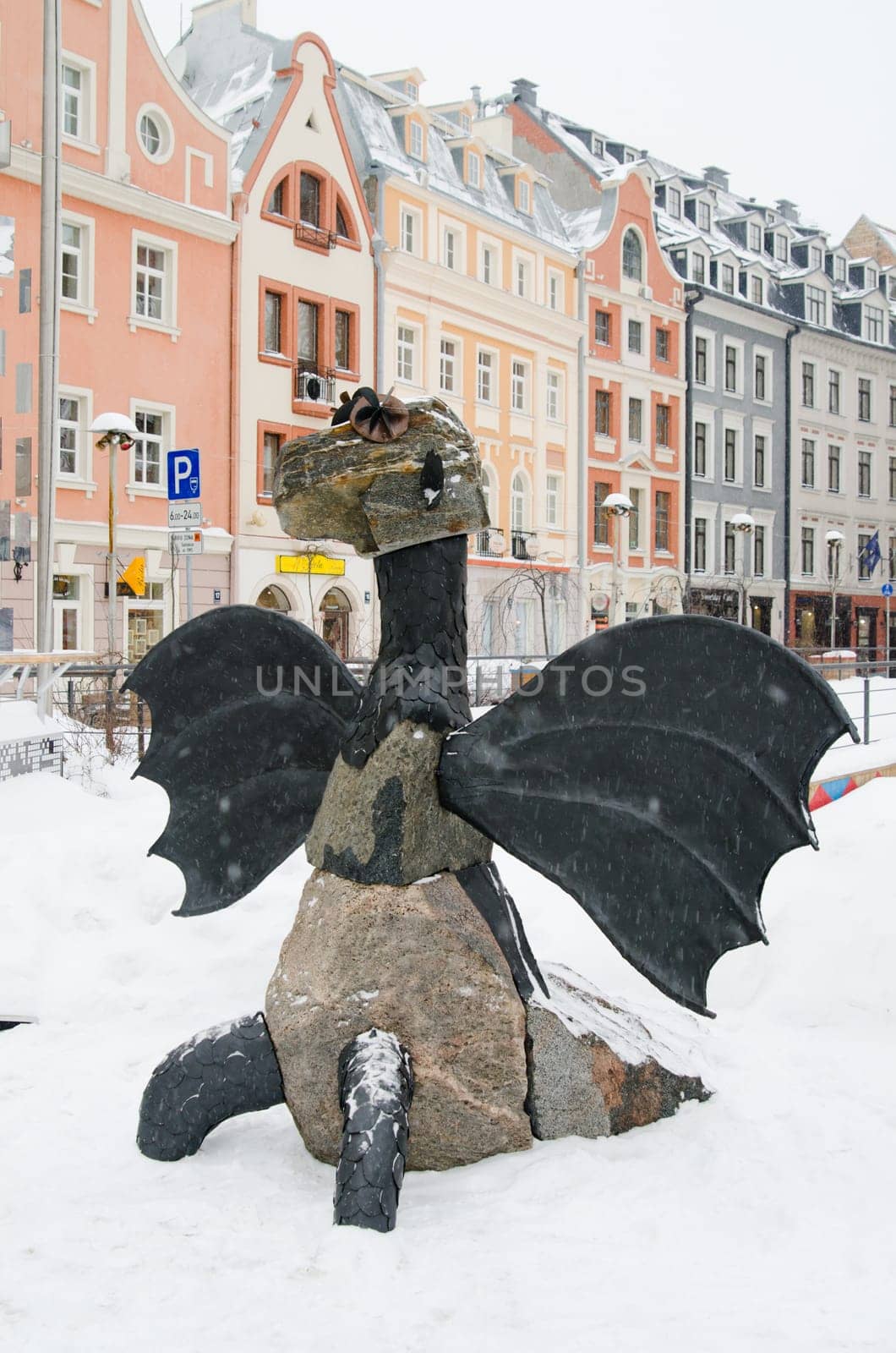 Street of Old Riga in snow day before Christmas