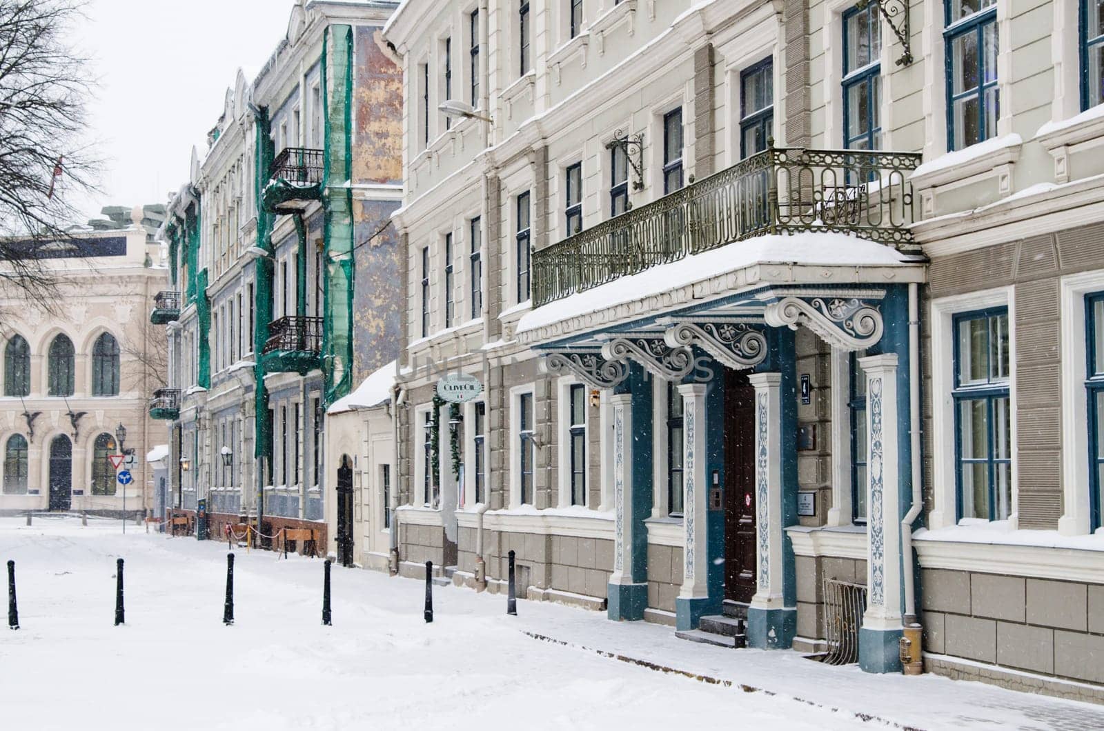 Street of Old Riga in snow day before Christmas