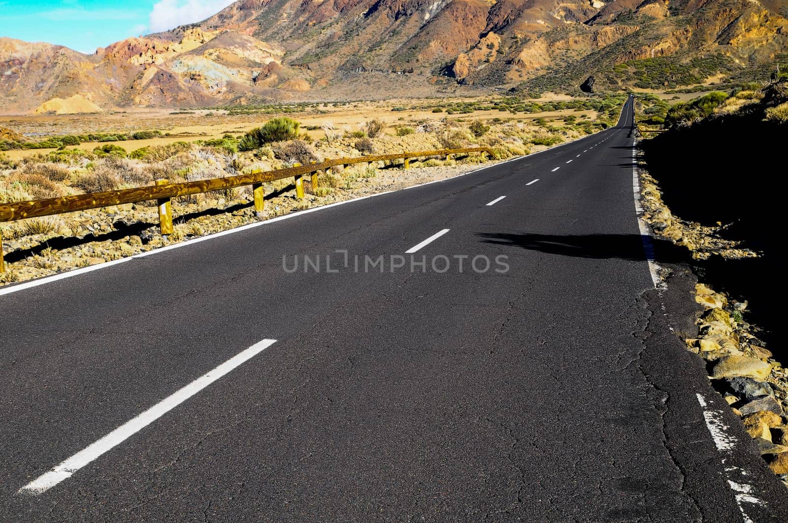 Desert Lonely Road Landscape in Volcan Teide National Park, Tenerife, Canary Island, Spain