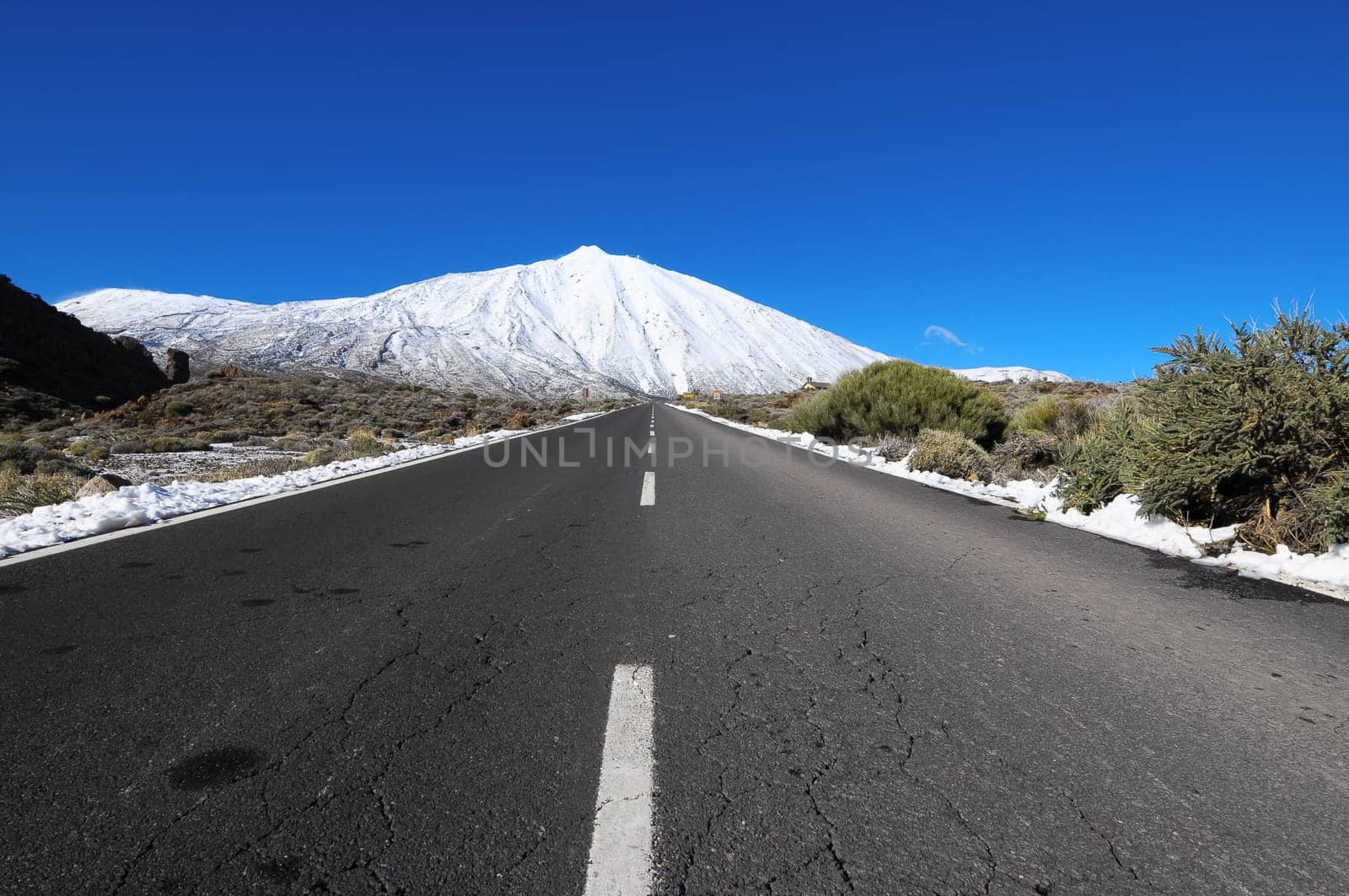 Desert Lonely Road Landscape in Volcan Teide National Park, Tenerife, Canary Island, Spain