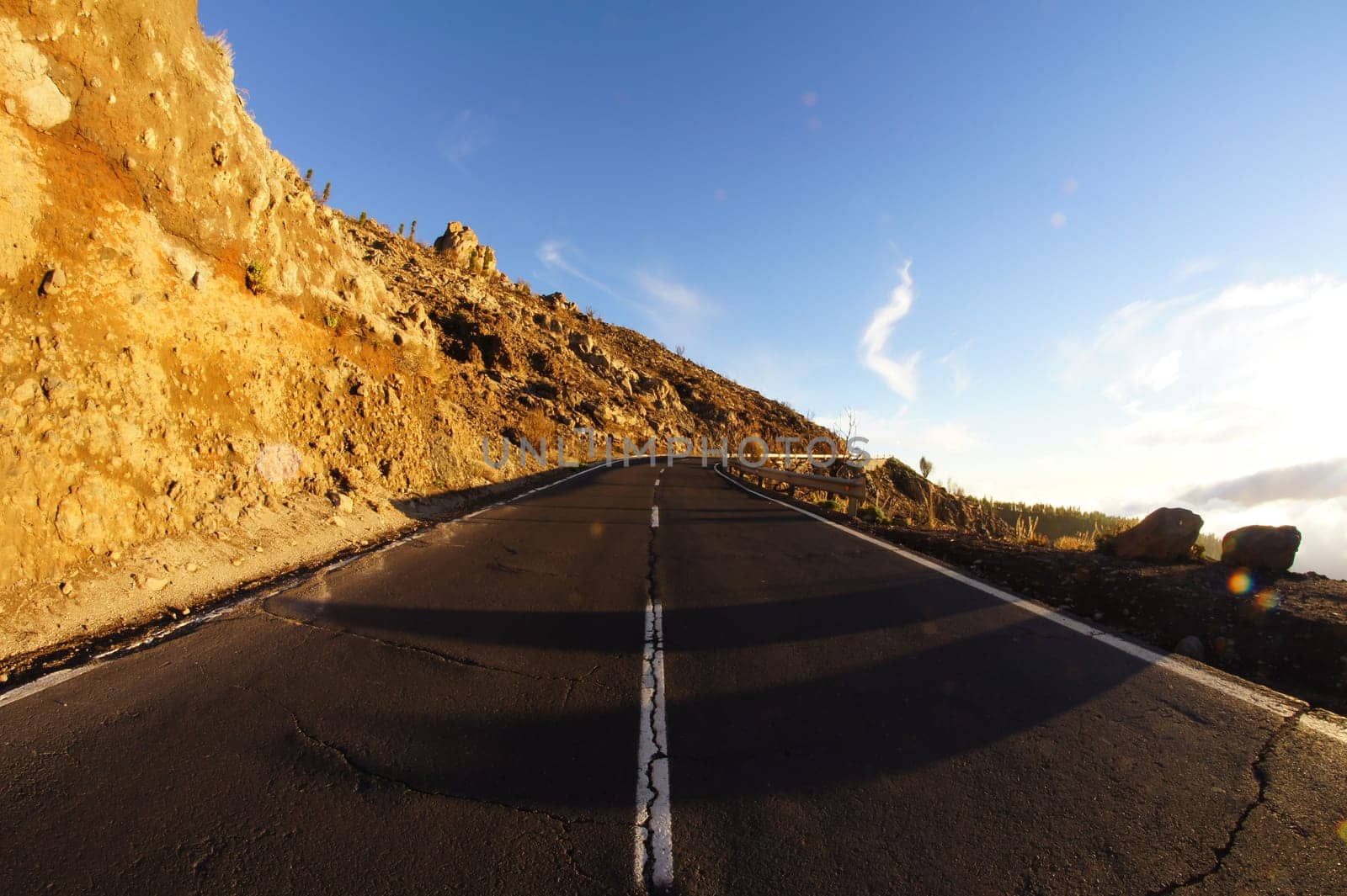 Desert Lonely Road Landscape in Volcan Teide National Park, Tenerife, Canary Island, Spain