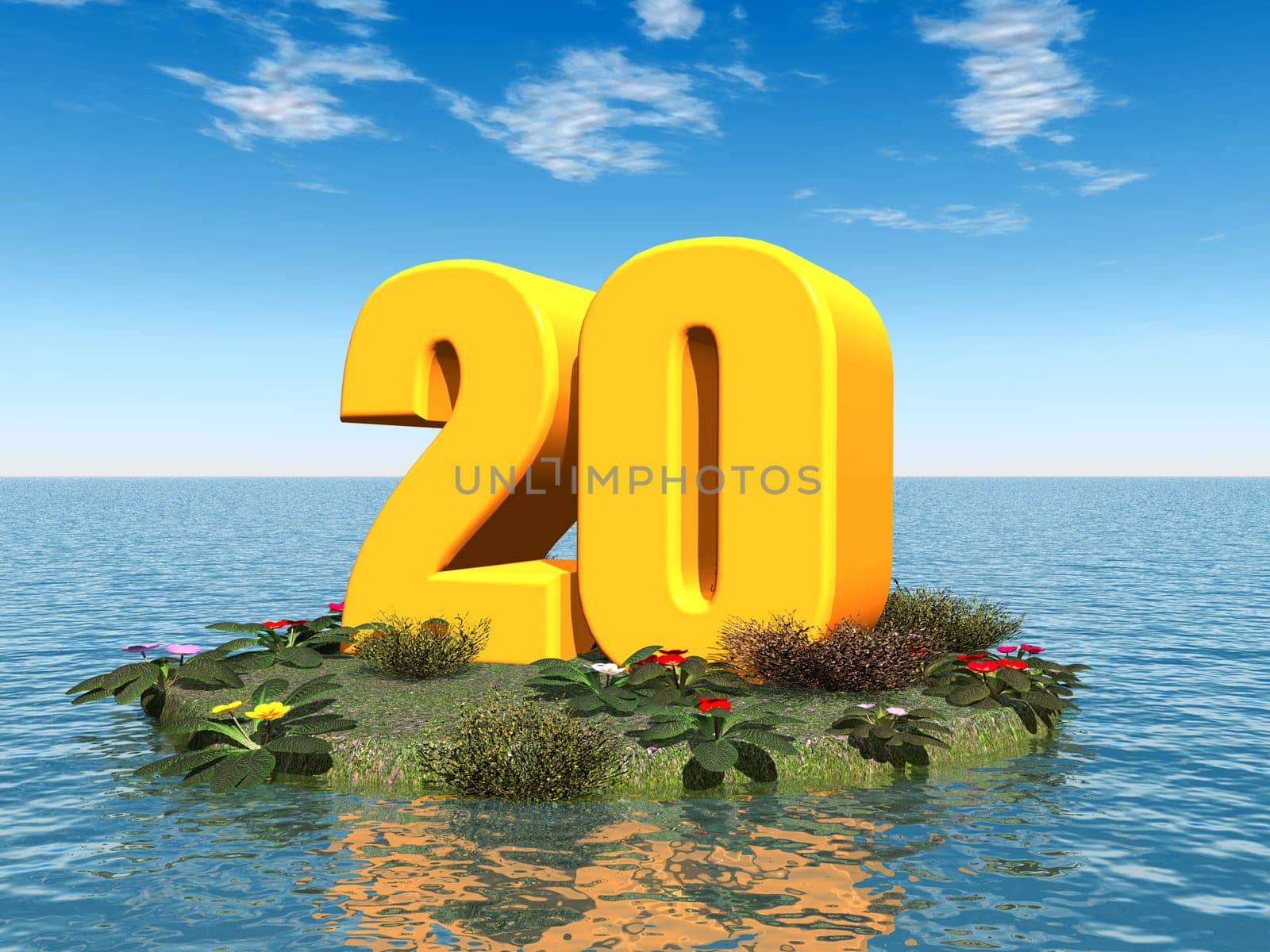 Computer-generated 3D illustration with the number 20 in an ocean landscape