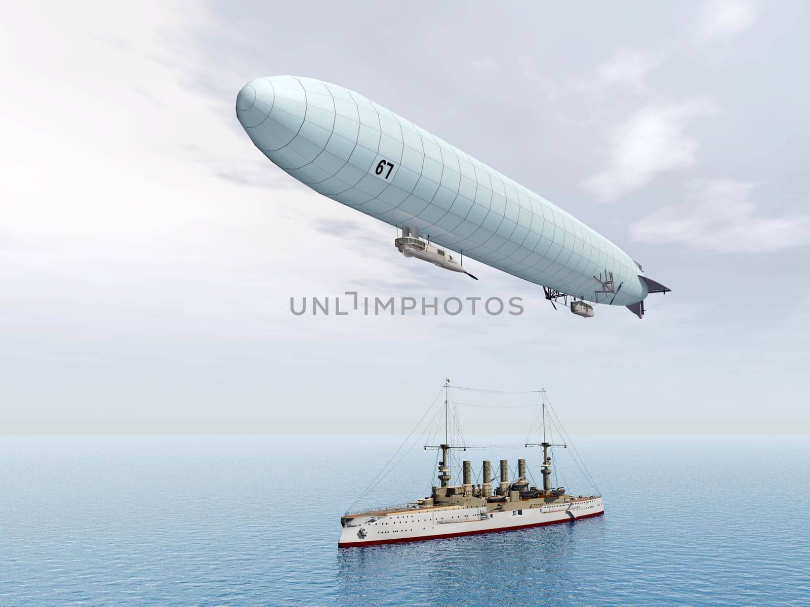 Computer-generated 3D illustration with a German airship and the armoured cruiser SMS Scharnhorst from the First World War