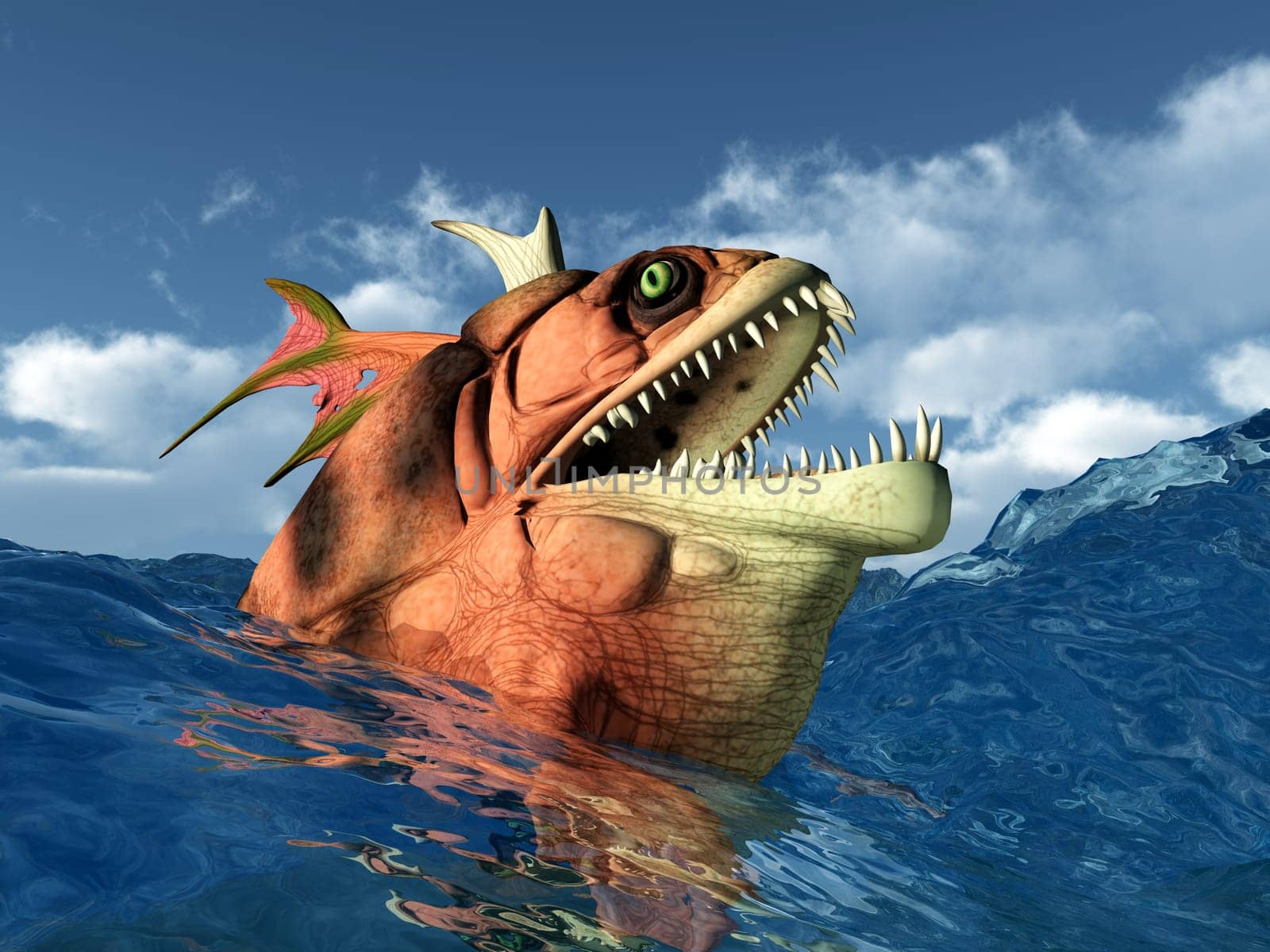 Computer-generated 3D illustration with a sea monster in stormy seas
