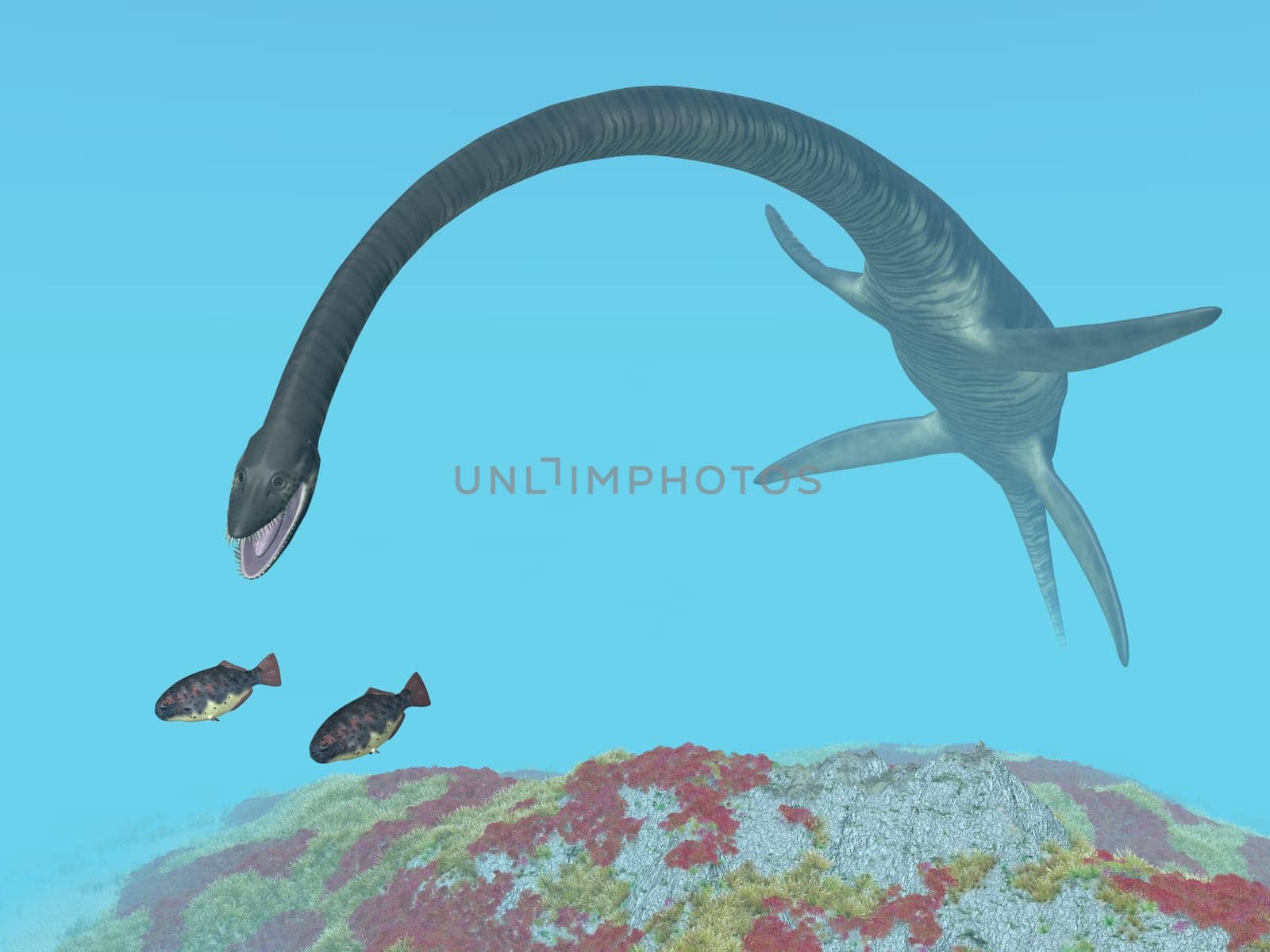 Computer-generated 3D illustration with the prehistoric plesiosaur Elasmosaurus