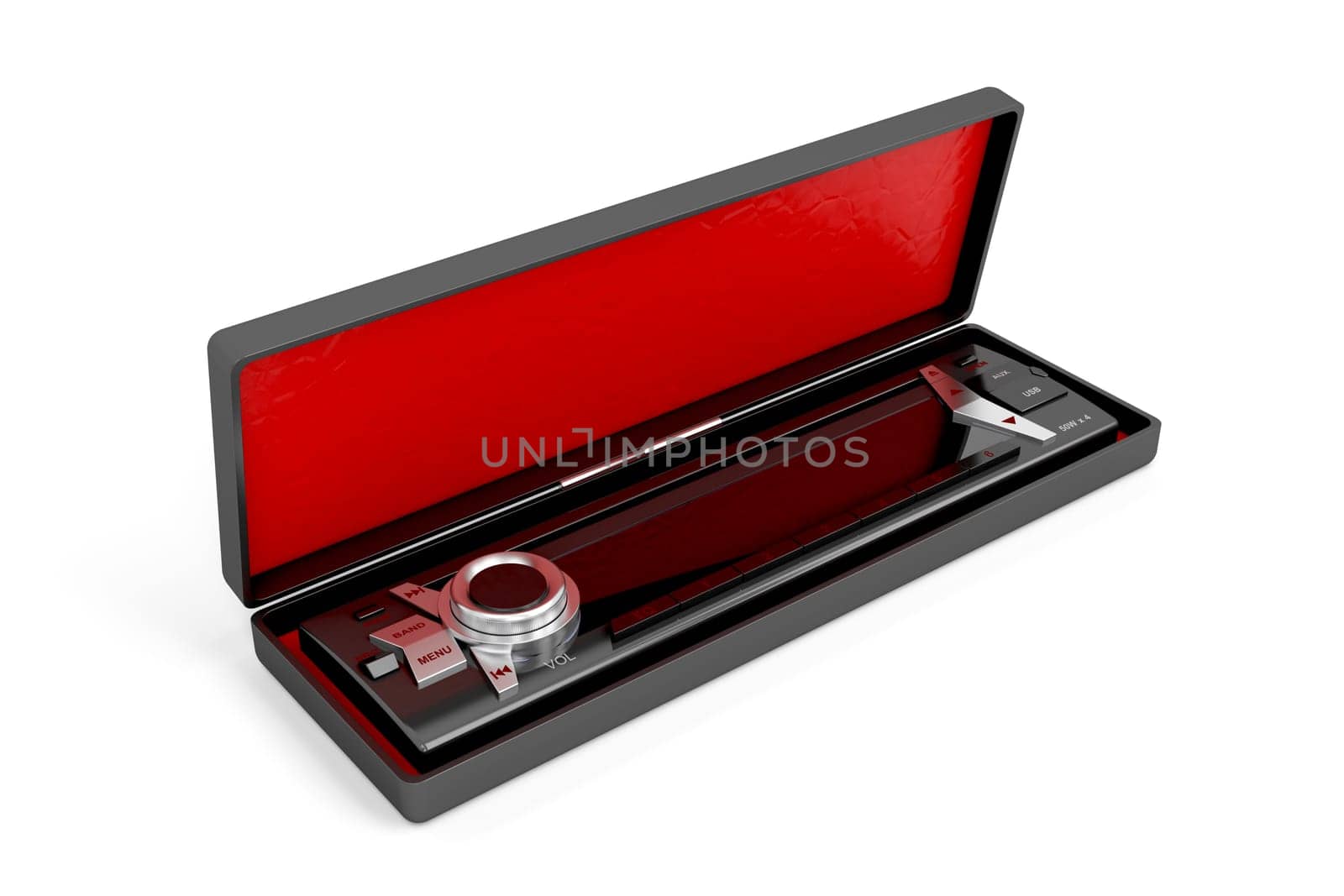 Car radio front panel in plastic case