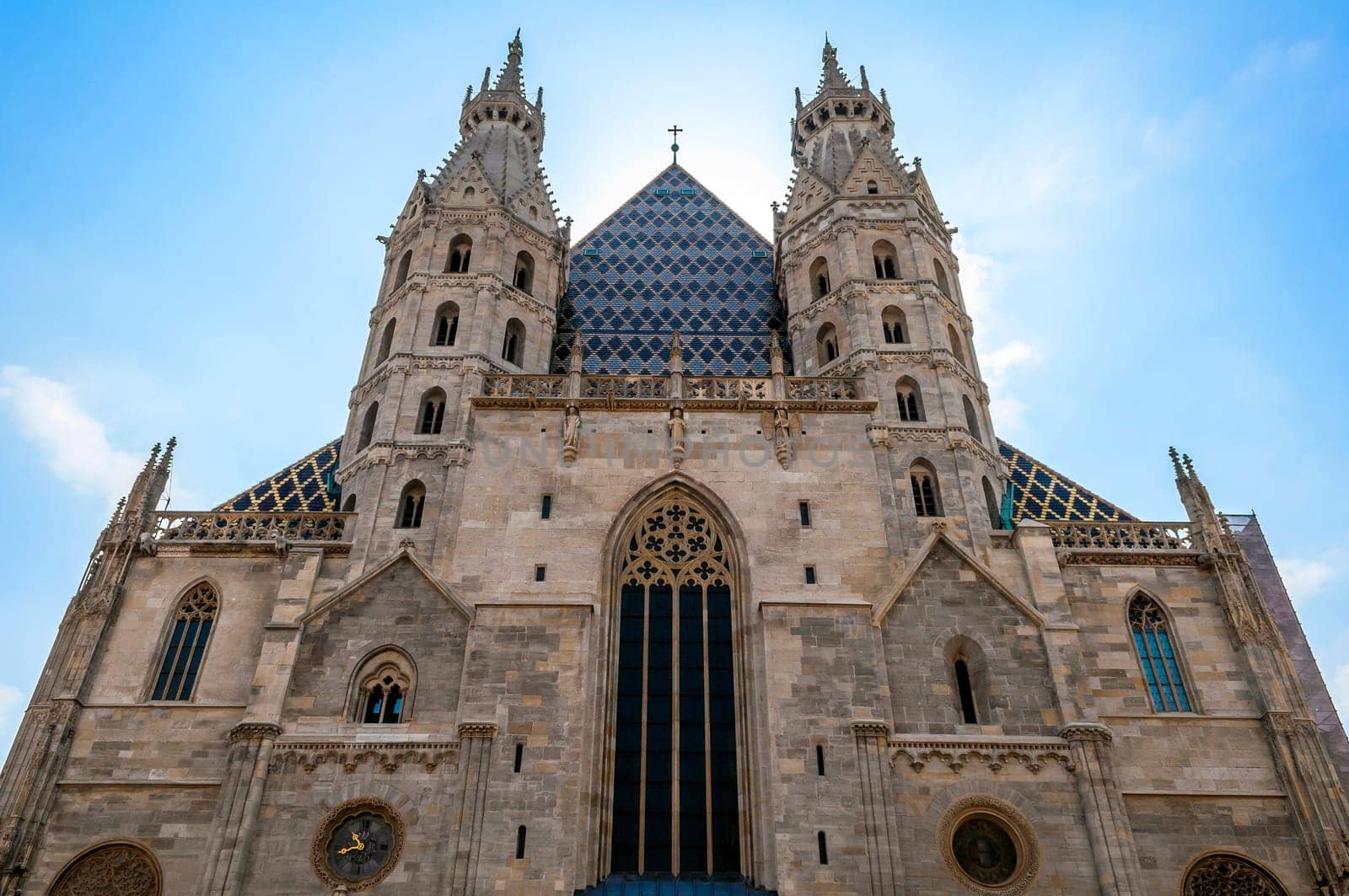 View of St. Stephan's Cathedral's towers and facade, Vienna.