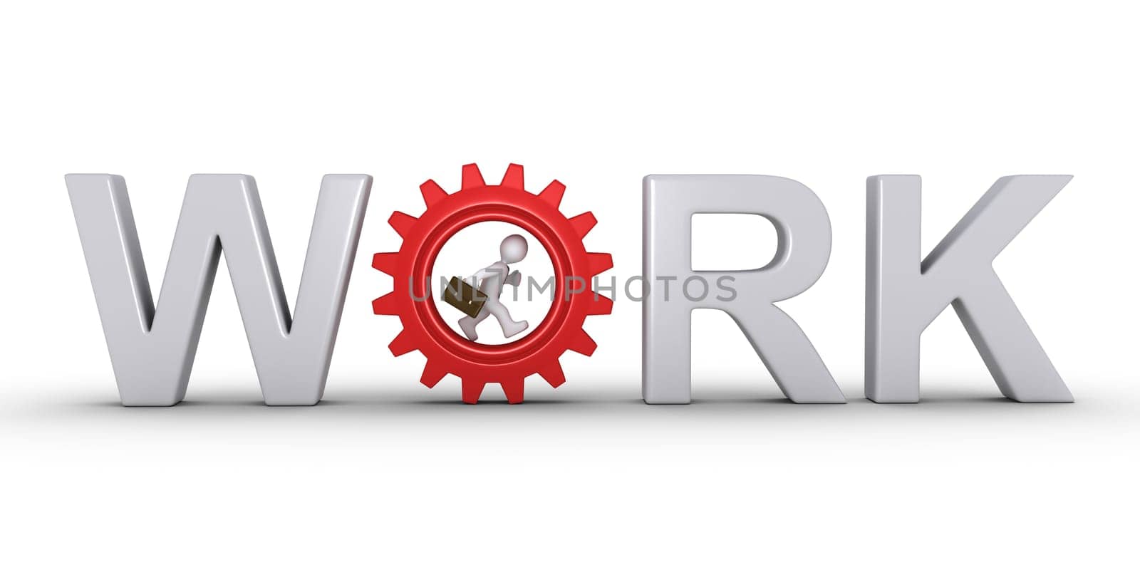 3d businessman is running inside cogwheel as part of WORK word