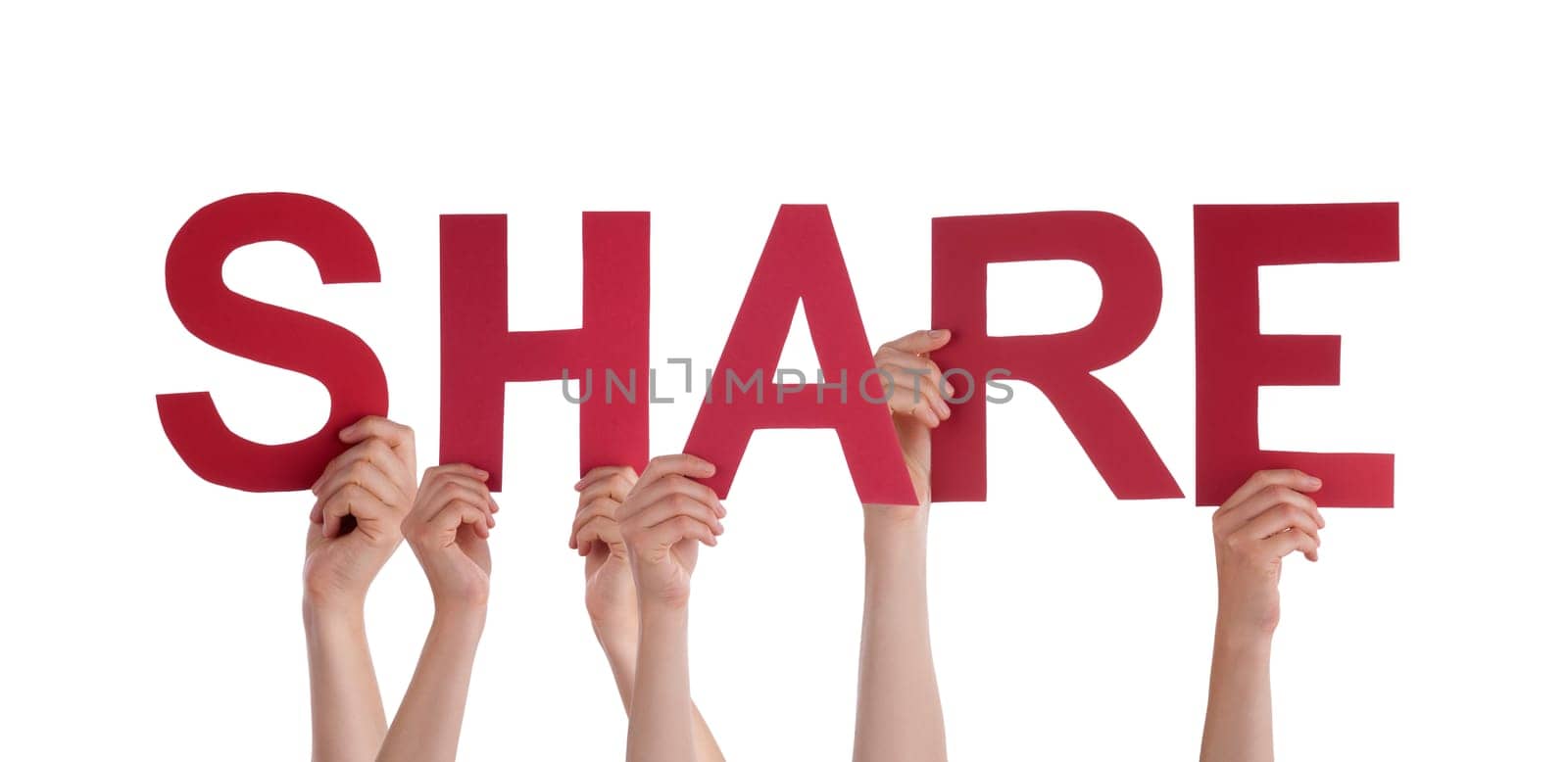 Many Hands Holding the Word Share, on White