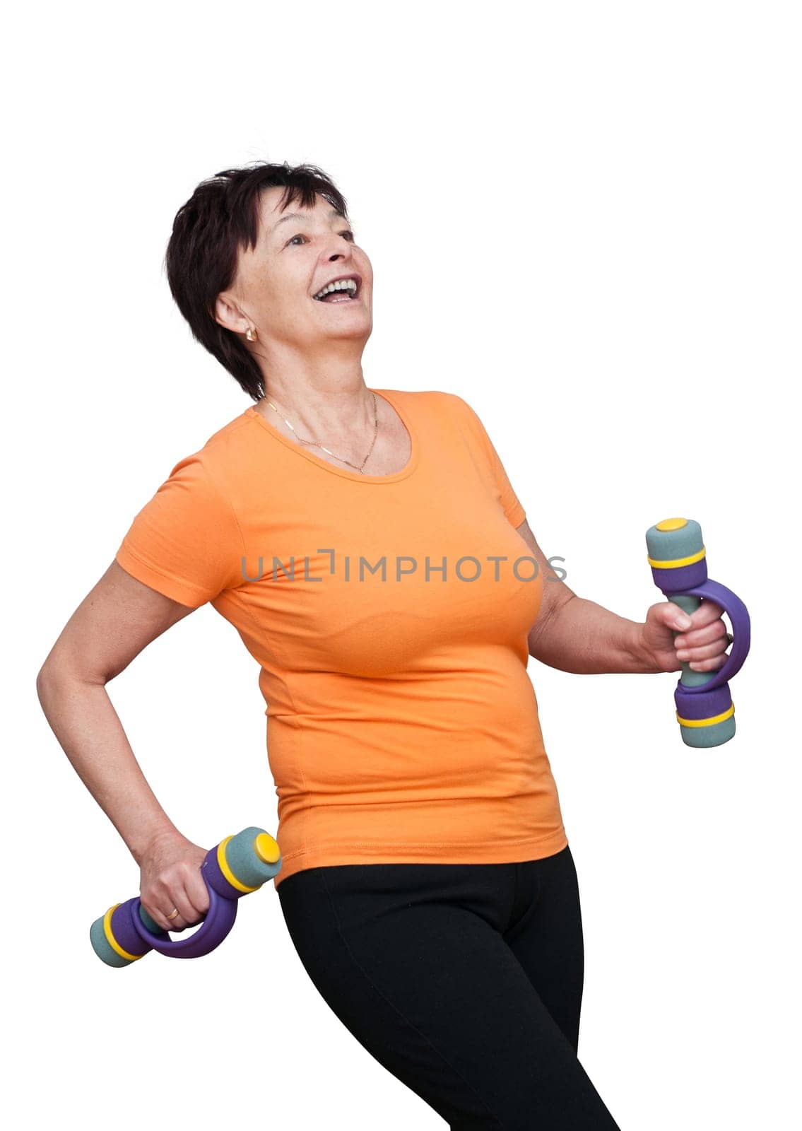 Happy mature fitness woman excercising with barbells - isolated on white