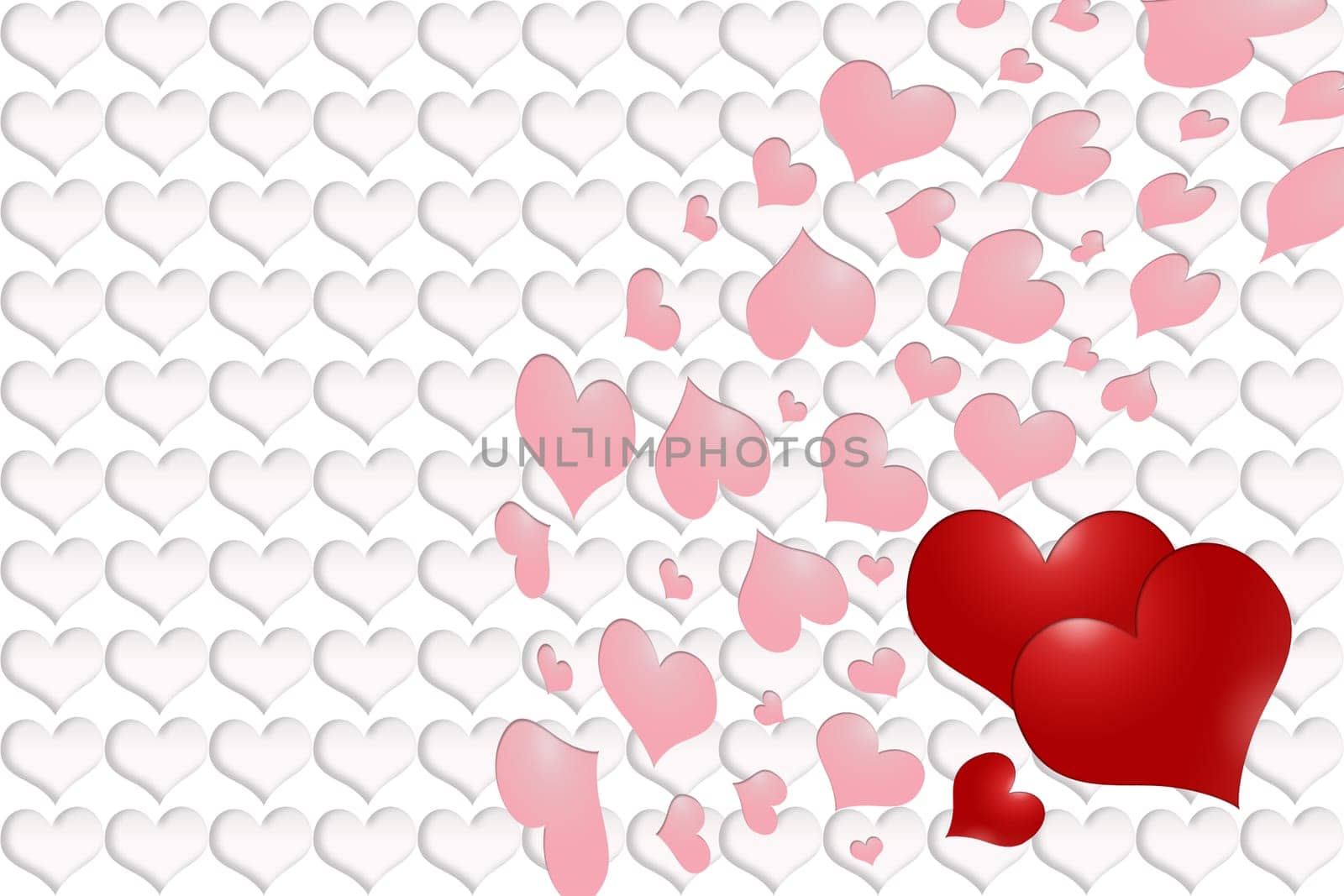 Three red hearts - two large and one small. Pink hearts like a stream. The background is made ​​from white hearts with shadow. Symbol of Valentine's Day.
