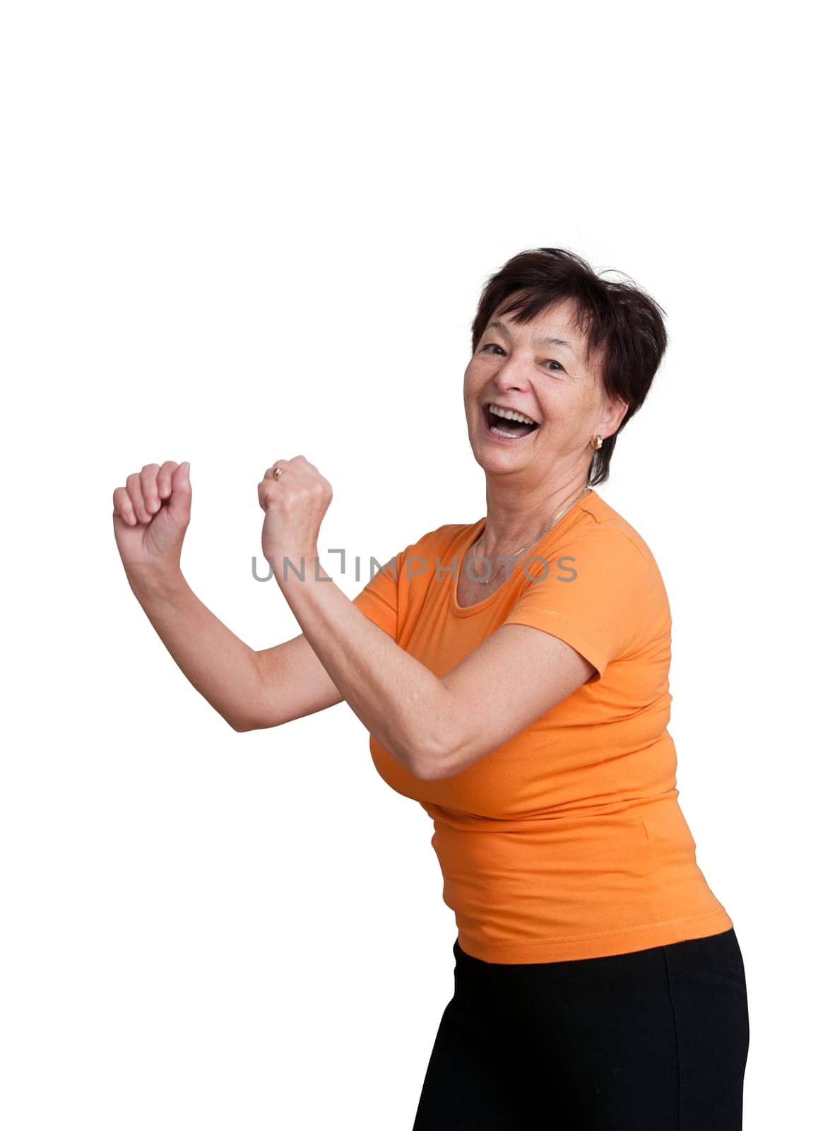 Smiling senior fitness woman excercising - isolated on white