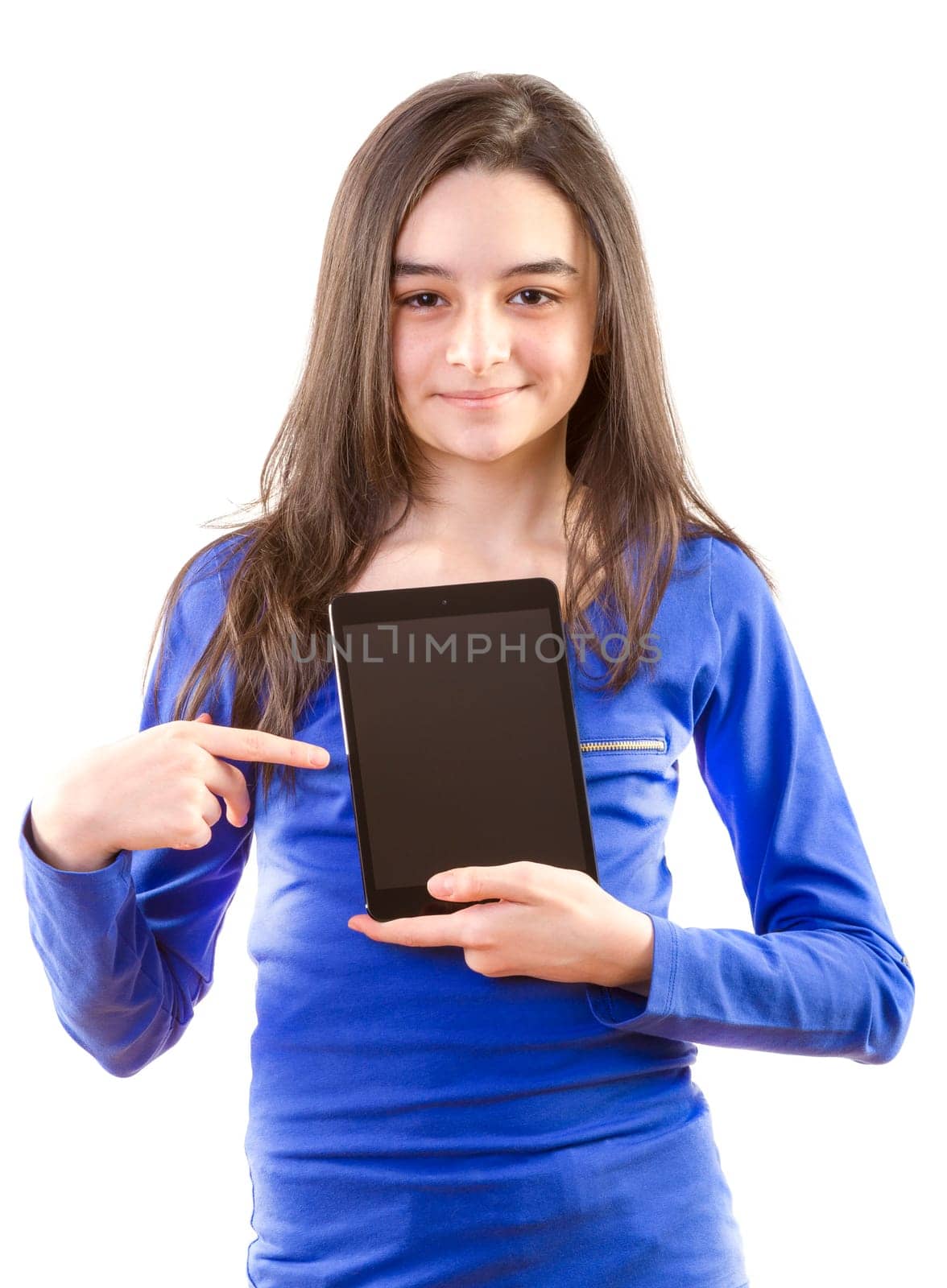 Happy teen girl with digital tablet  on white background.
