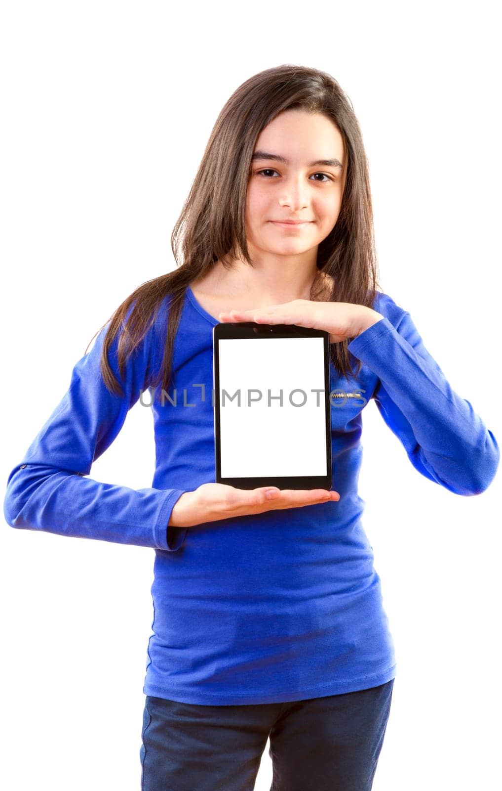 Happy teen girl with digital tablet  on white background.