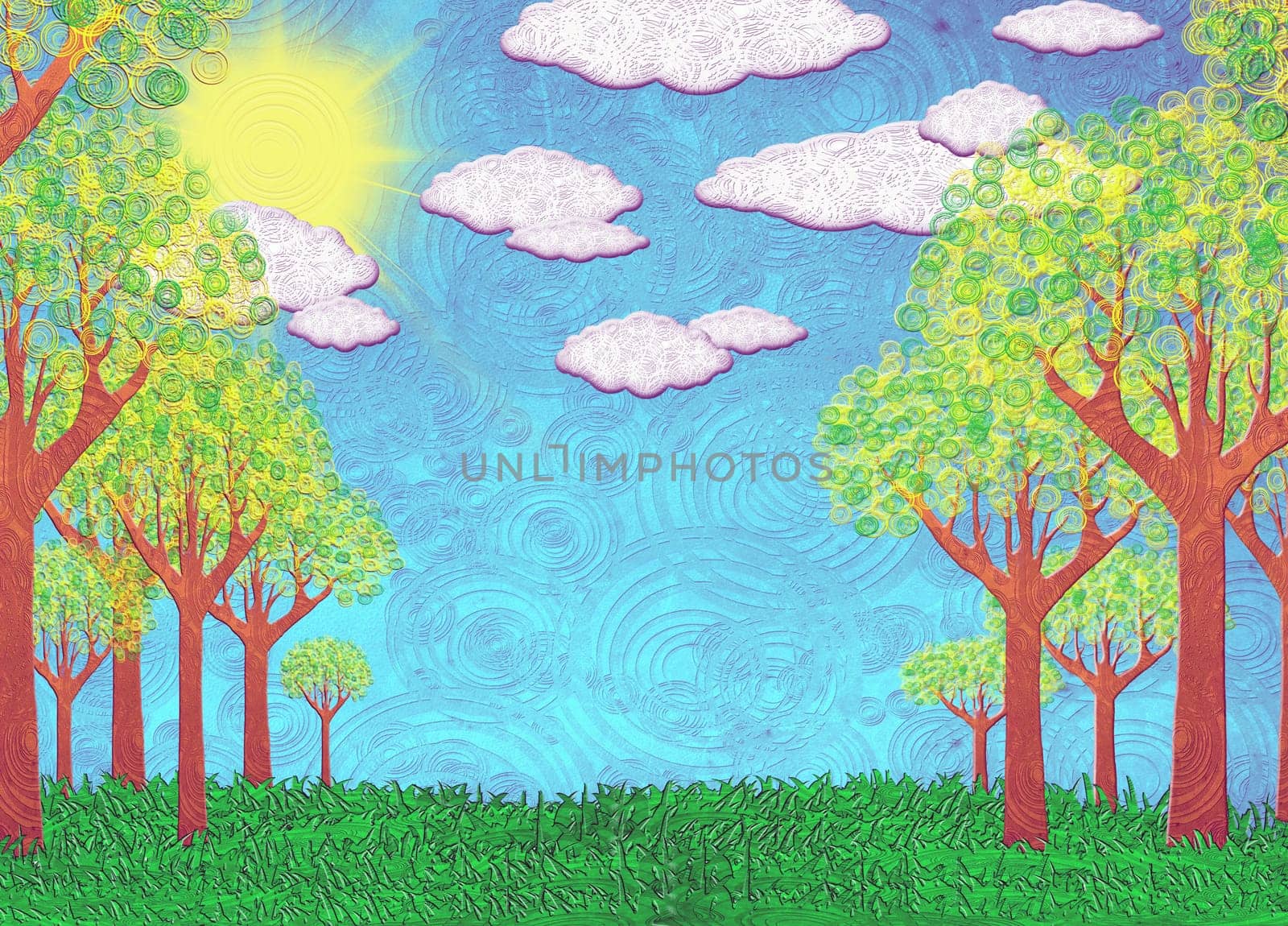 sunny landscape with trees and clouds
