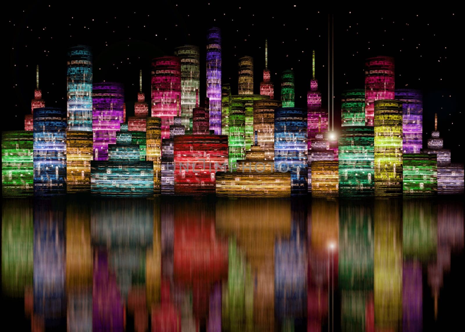 colored futuristic city night skyline