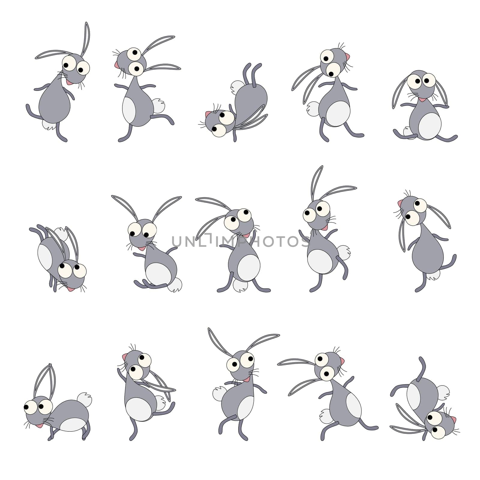 Dancing rabbits cartoon style drawing set