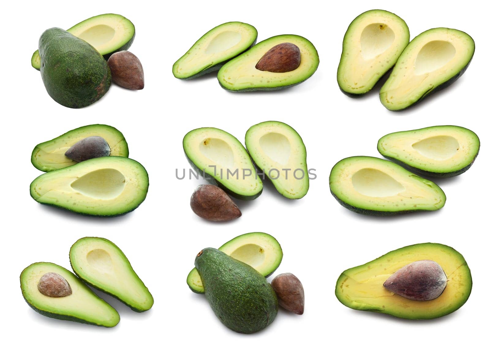 Collection of  fresh green avocado isolated on white background