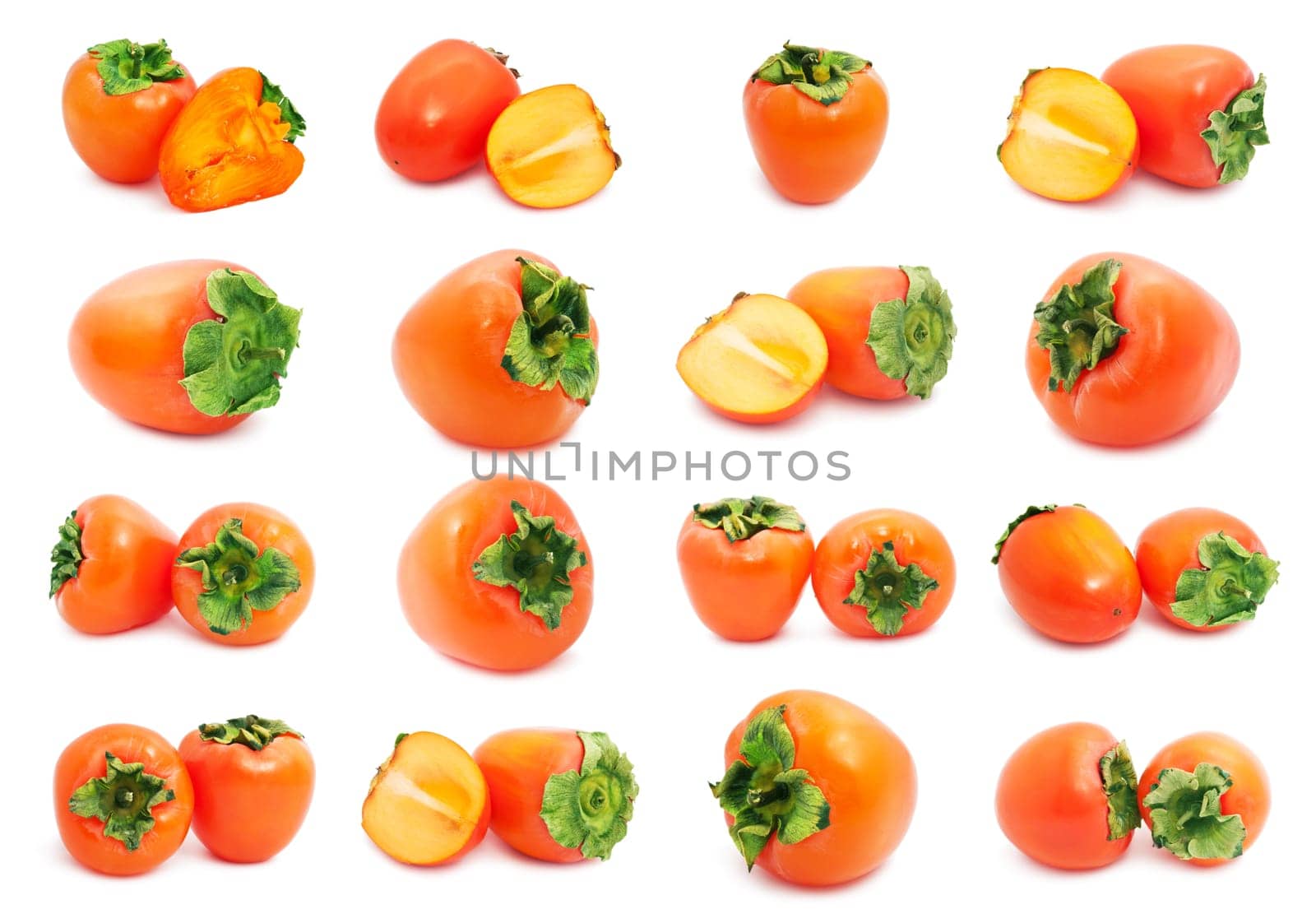 Collection of  fresh Persimmon or kaki diospyros ebony fruits on white background