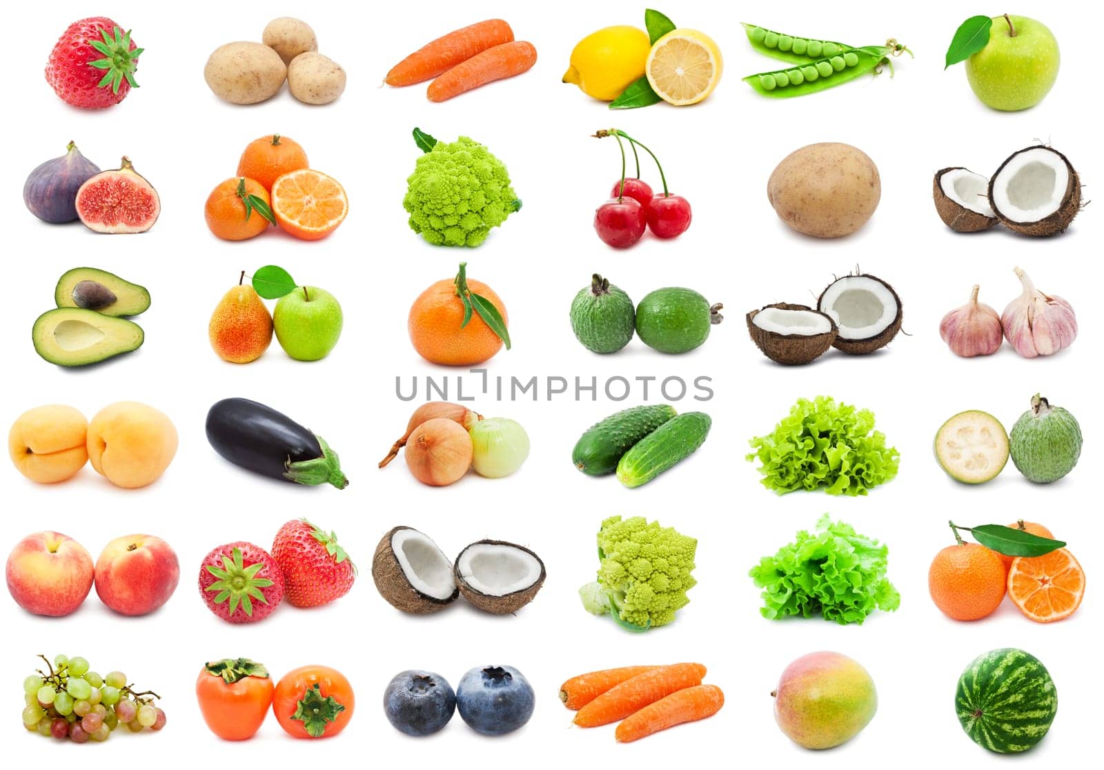 Collection of various fruits and vegetables isolated on white background