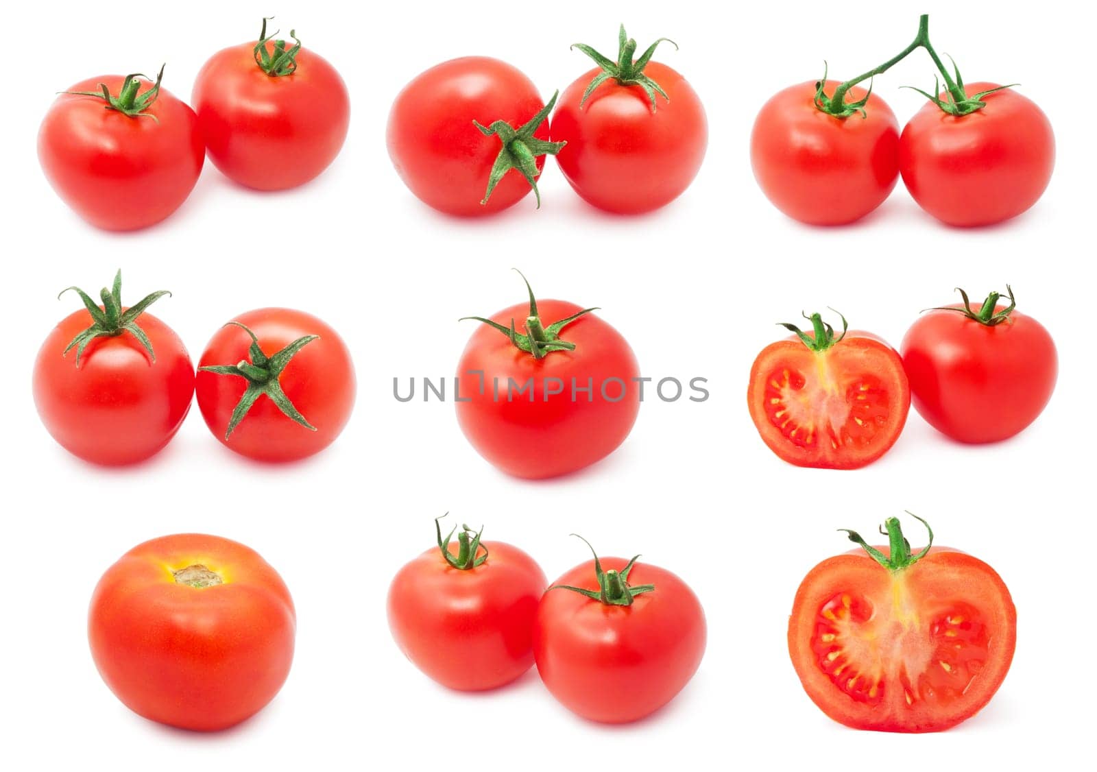 Collection of red tasty tomatoes isolated on white background