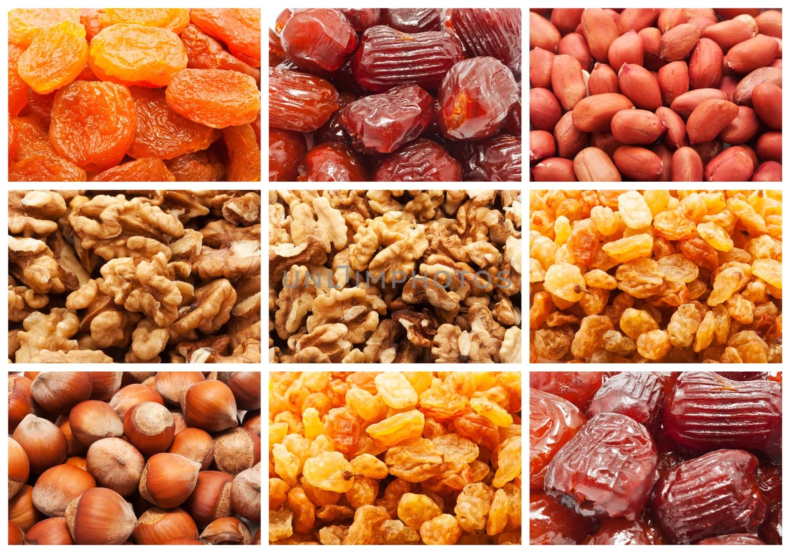 Collection of dried fruits and nuts backgrounds