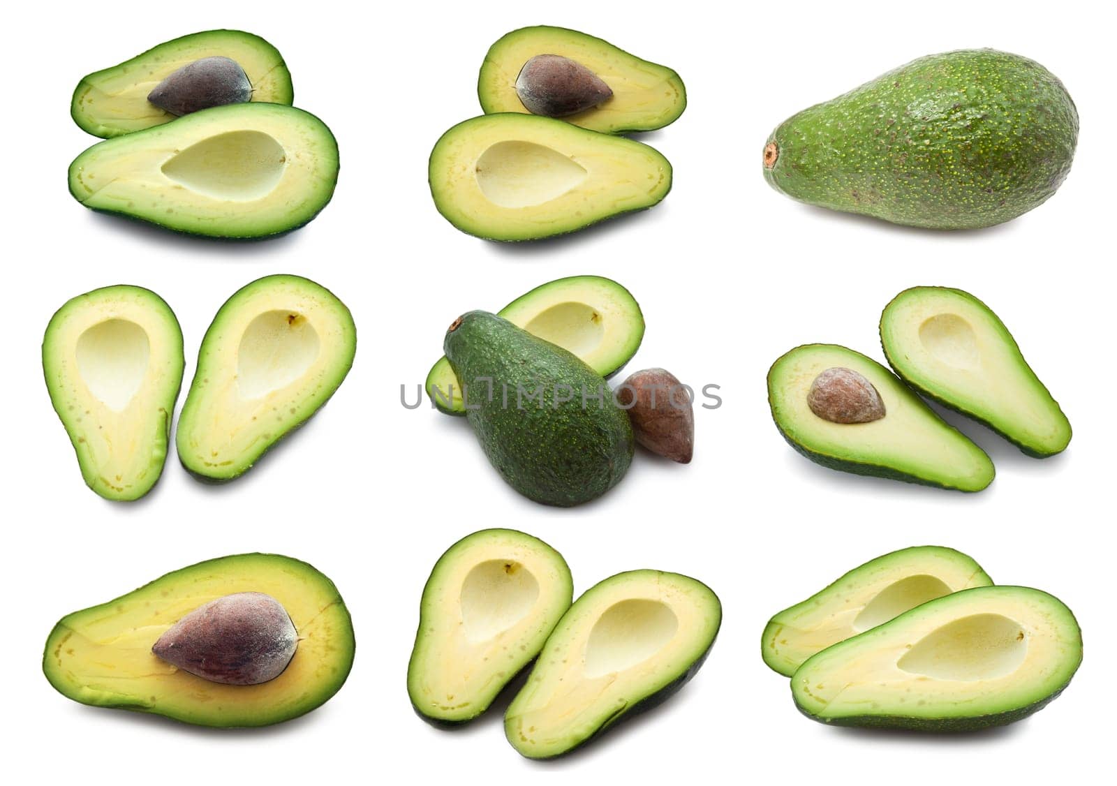 Collection of  fresh green avocado isolated on white background