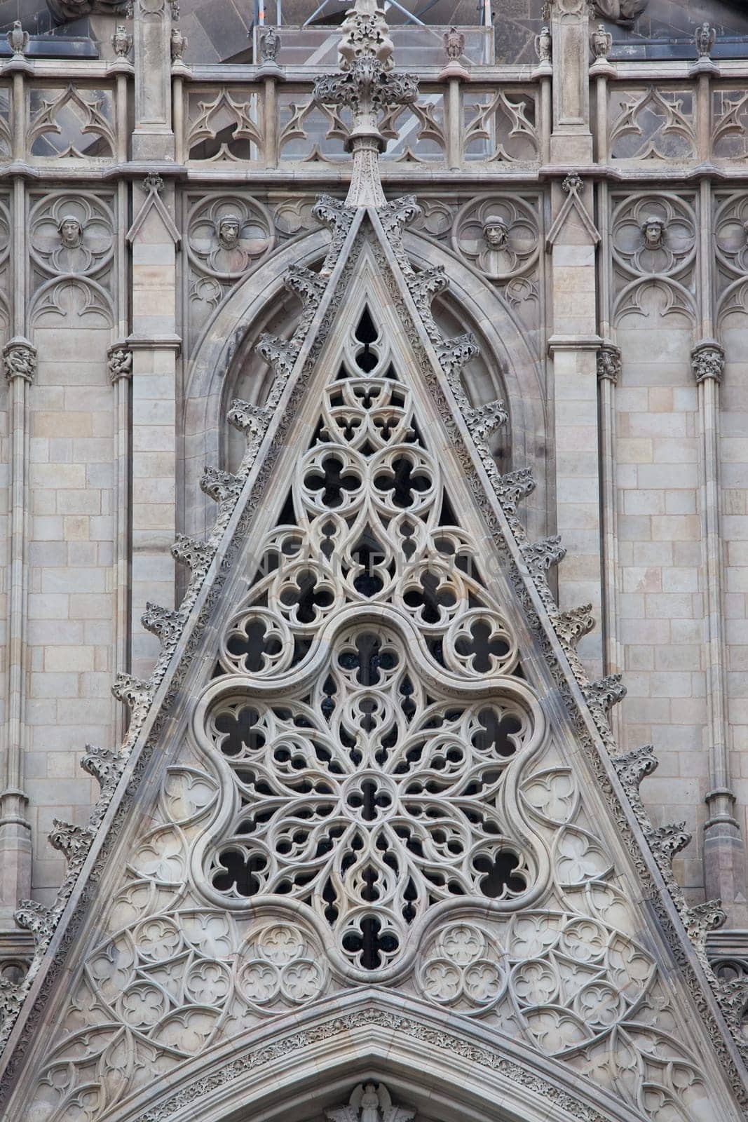 Facade details of famous Gothic Catholic Cathedral, Barcelona, Spain